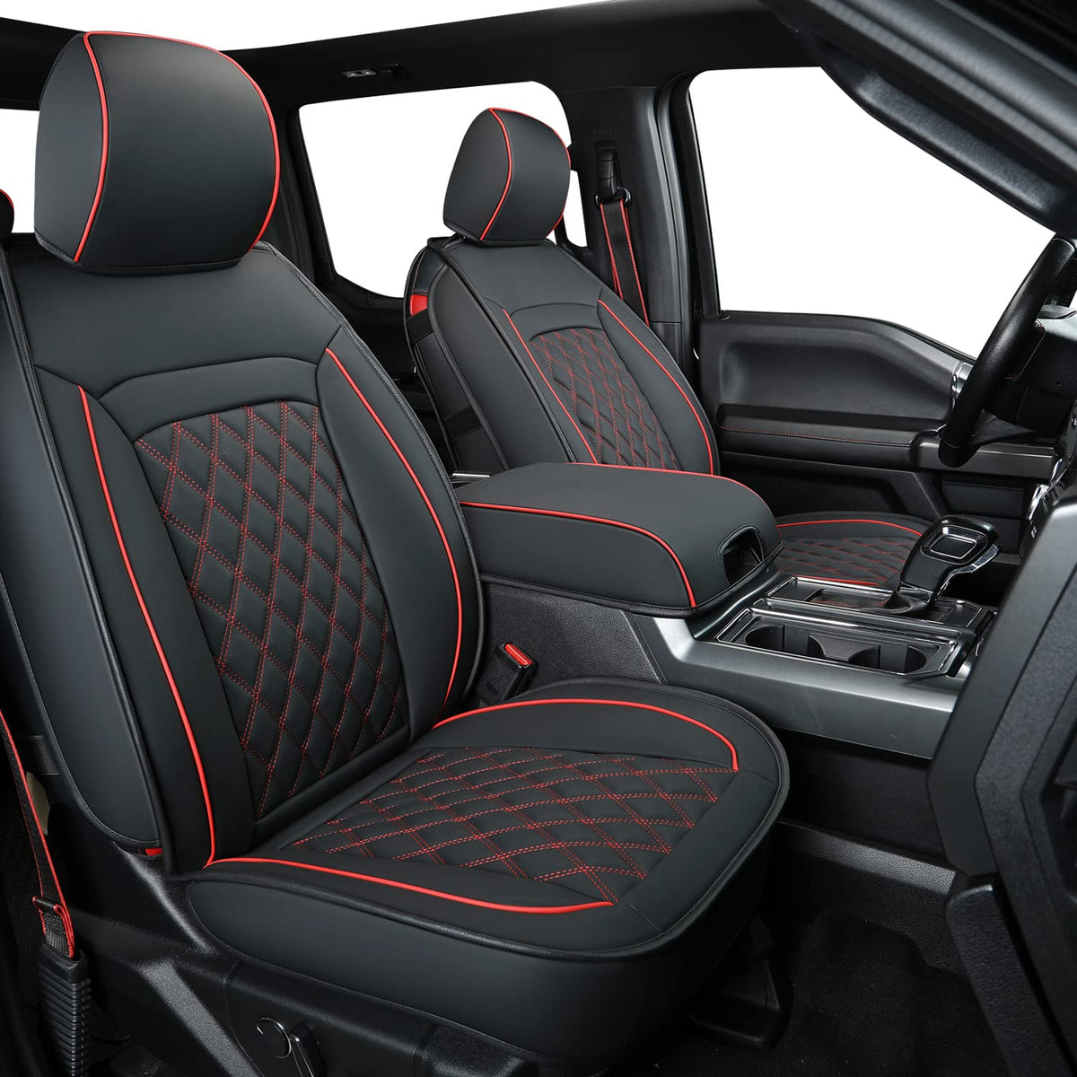 Luckyman Club F150 Seat Covers S07-Q2, Fit For 2010-2014 F150 Supercrew With Waterproof Faux Leather(2010-2014 Full Set, Black&Red)