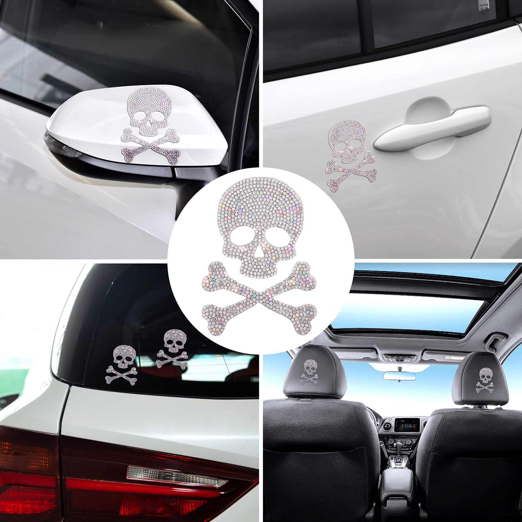 Oiiki 2Pcs Skull And Bone Bling Car Decals, Skull Decal Rhinestone Stickers, Crystal Car Decor, Diamond Car Stickers And Decals,