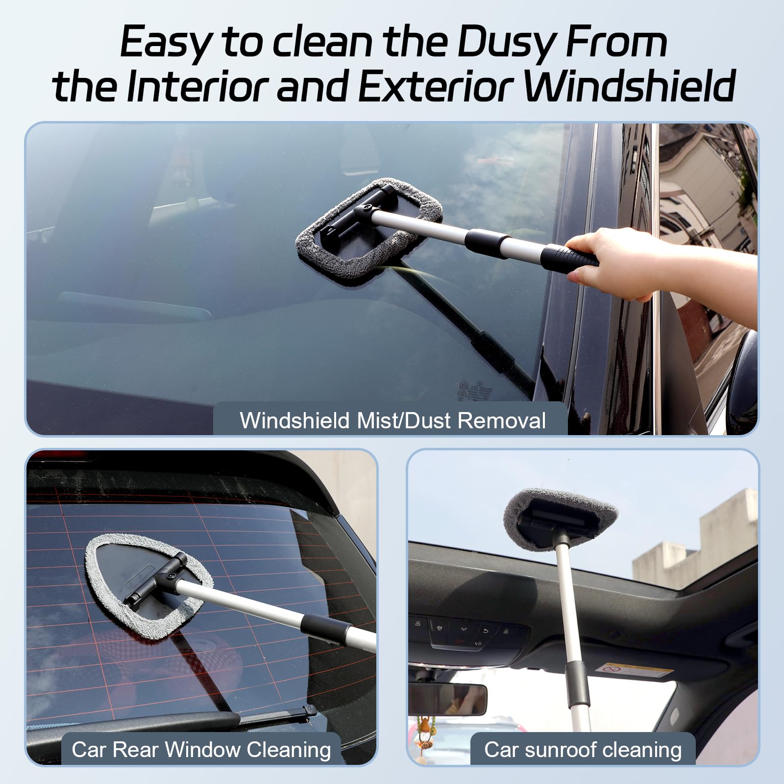 Car Windshield Cleaner Tool, Window Glass Cleaning Tool Inside with 4 Reusable Microfiber Pads, 2 Extendable Handle and 2 Spray