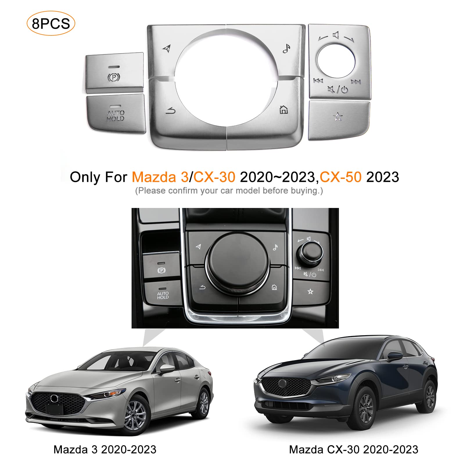 Anfokas 8Pcs Compatible With Mazda 3 Cx-30 Cx-50 2025 2024 2023 2022 2021 2020 Accessories Car Center Console Cover Gears Gear Panel Gear Shift Knob Button Cover Trims -Silver