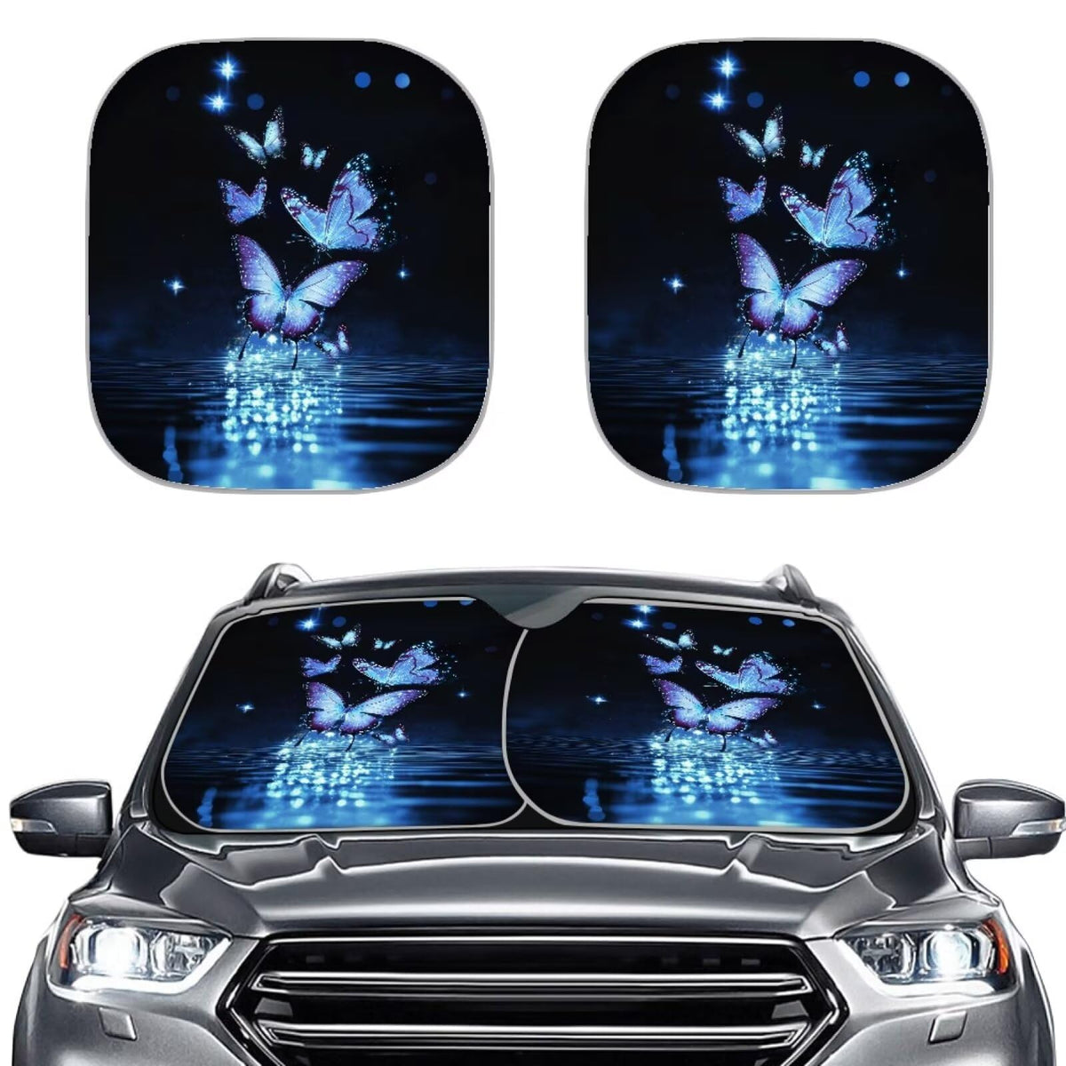 Huisefor Butterfly Car Windshield Sun Shade 2 Pack Blue Windshield Cover For Car Foldable Car Sunshade For Front Window Universa