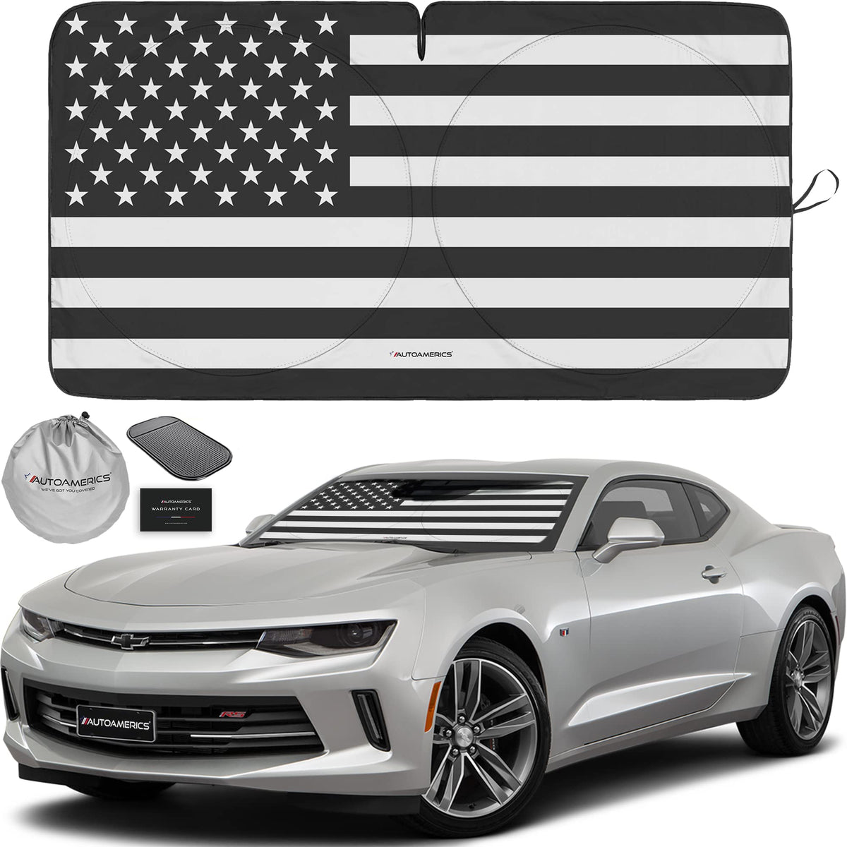 Autoamerics 1-Piece Windshield Sun Shade B&W American Flag Usa Patriotic Design - Foldable Car Front Window Sunshade For Most Se