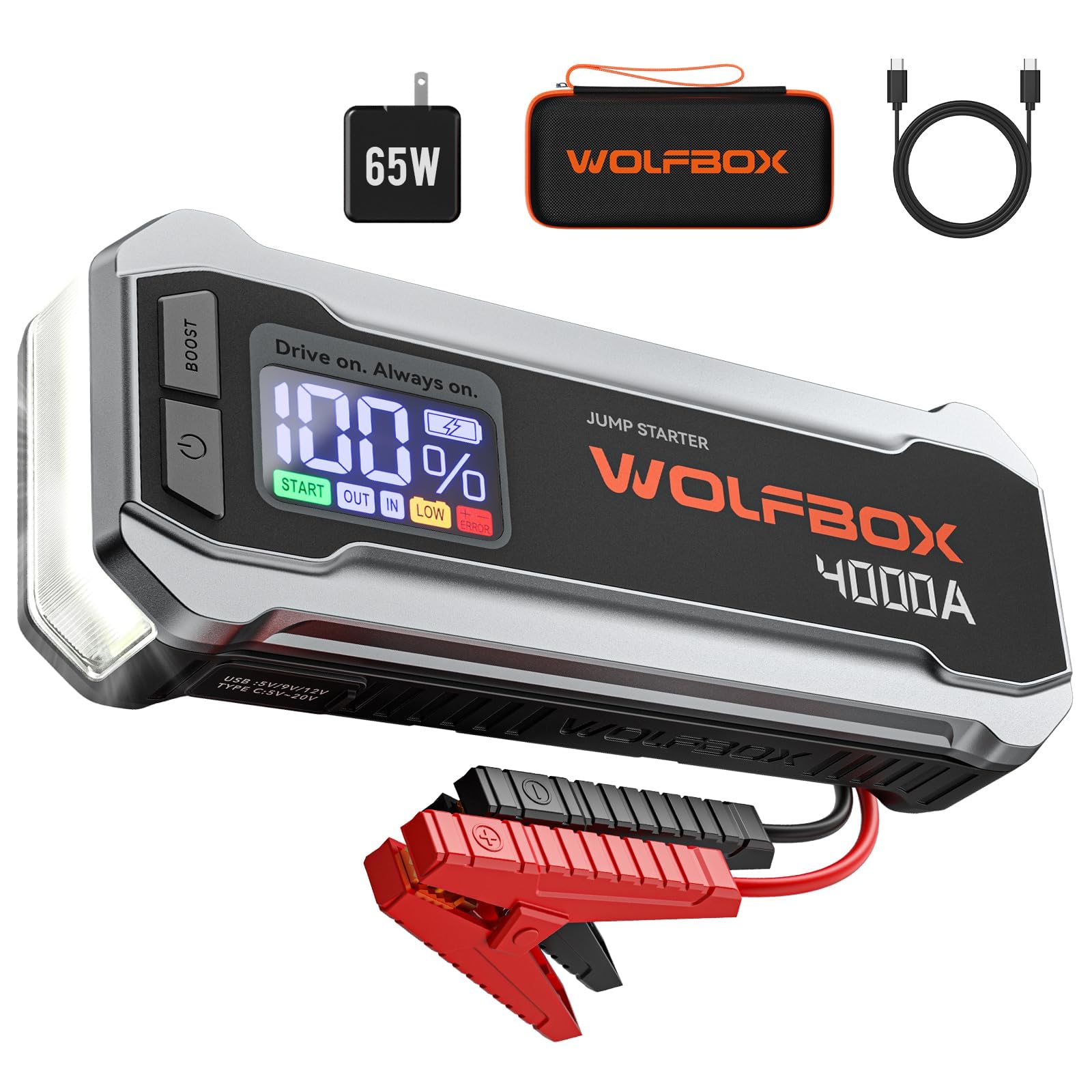 Wolfbox 4000A Jump Starter,12V Car Battery Jump Starter With 65W Quick Charger,Led Display,24000Mah Portable Jump Starter Batter