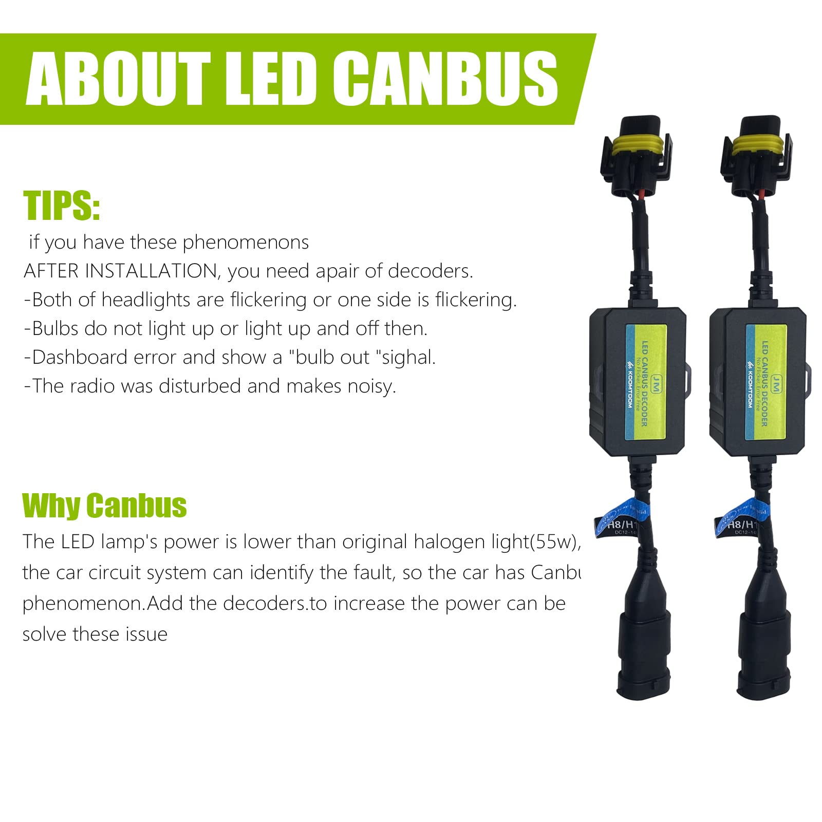 AnyCar H8/H11 LED Bulb Decoder Canbus Resistor Anti-flicker Harness,Dashboard Warning Error Free EMC Canceller Decoder