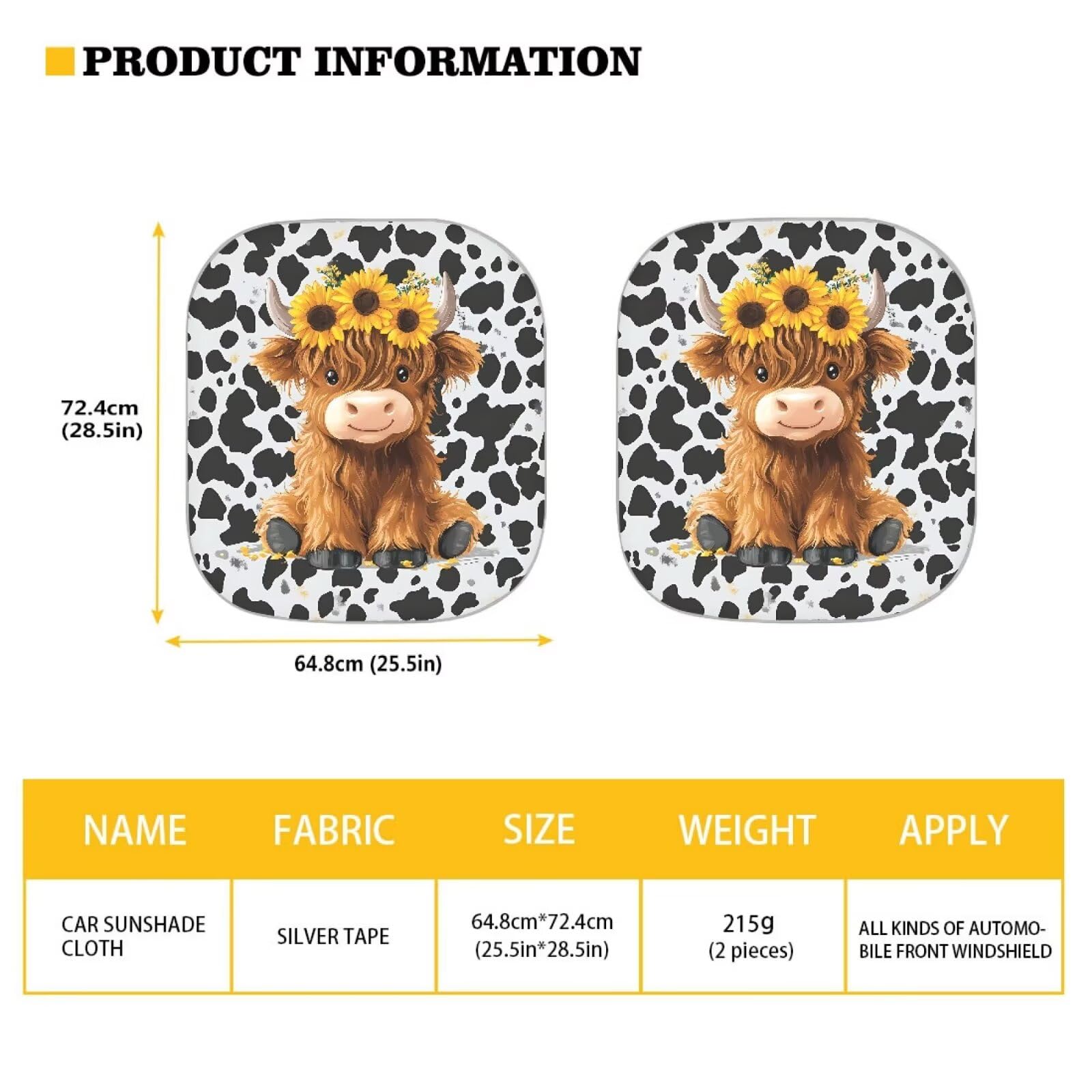 Huisefor Highland Cow 2 Piece Car Windshield Cover Cow Print Car Sun Shade For Summer Heat Resistant Automotive Windshield Sunsh