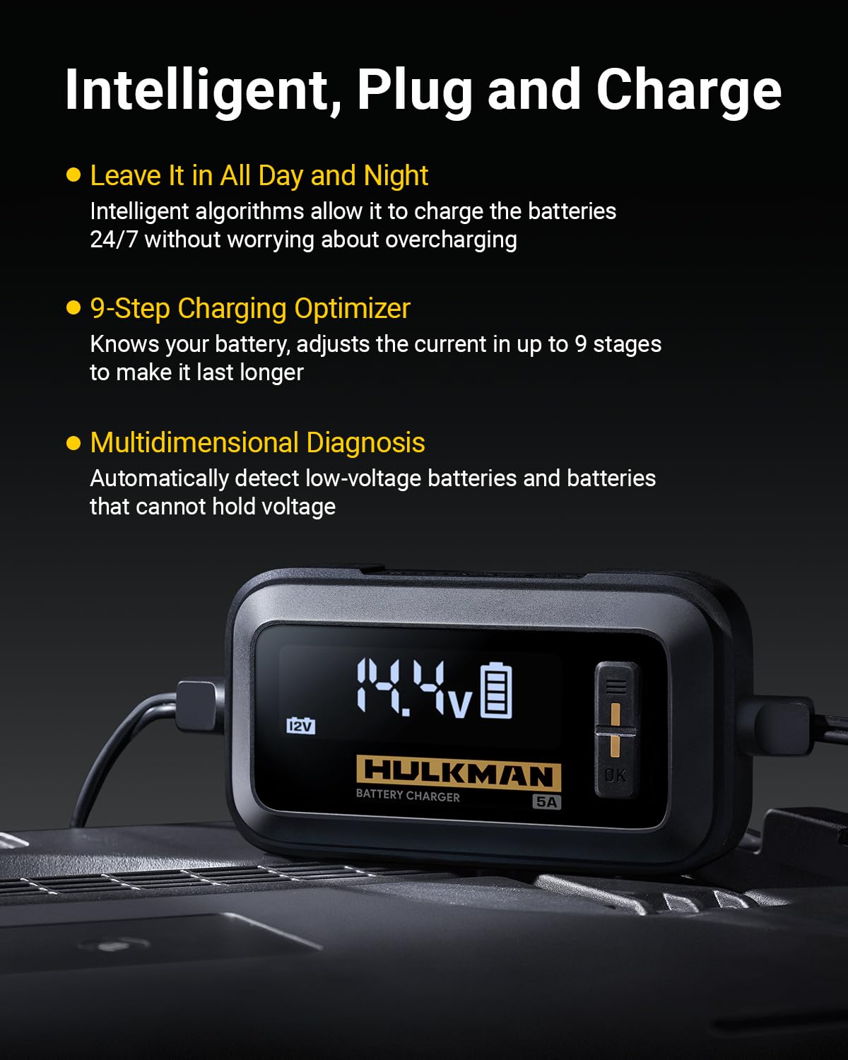 Hulkman Sigma 5 Battery Trickle Charger, 5A 6V/12V Automatic Smart Car Battery Charger, Battery Maintainer, And Desulfator With Intelligent Interface For Car, Motorcycle, Atv, Lithium And Deep Cycle