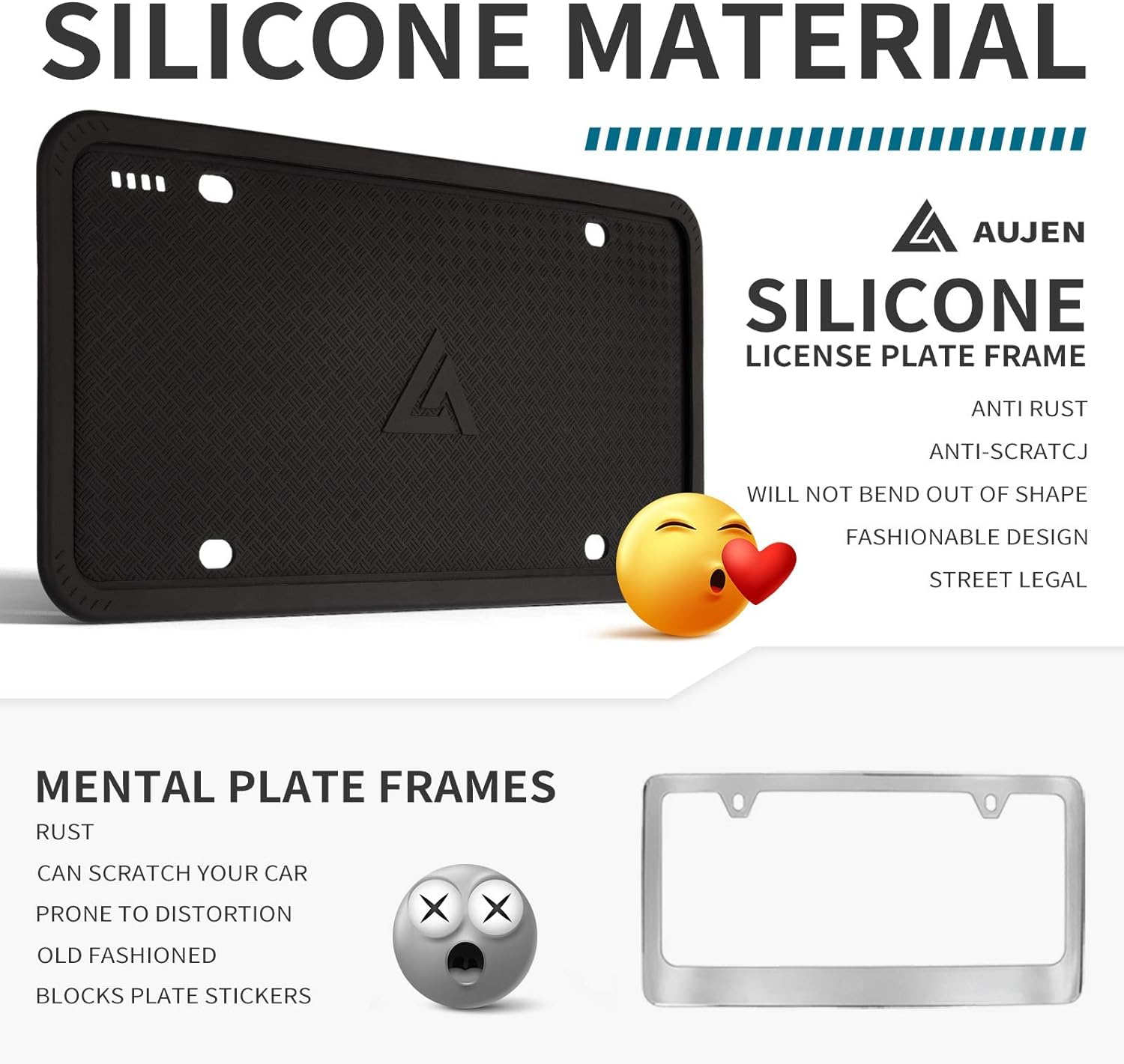 Aujen Silicone License Plate Frames Black, 2 Pack Car License Plate Frame, Universal Us Car Black License Plate Holders Brackets Rust-Proof, Rattle-Proof, Weather-Proof Car Accessories(Black)