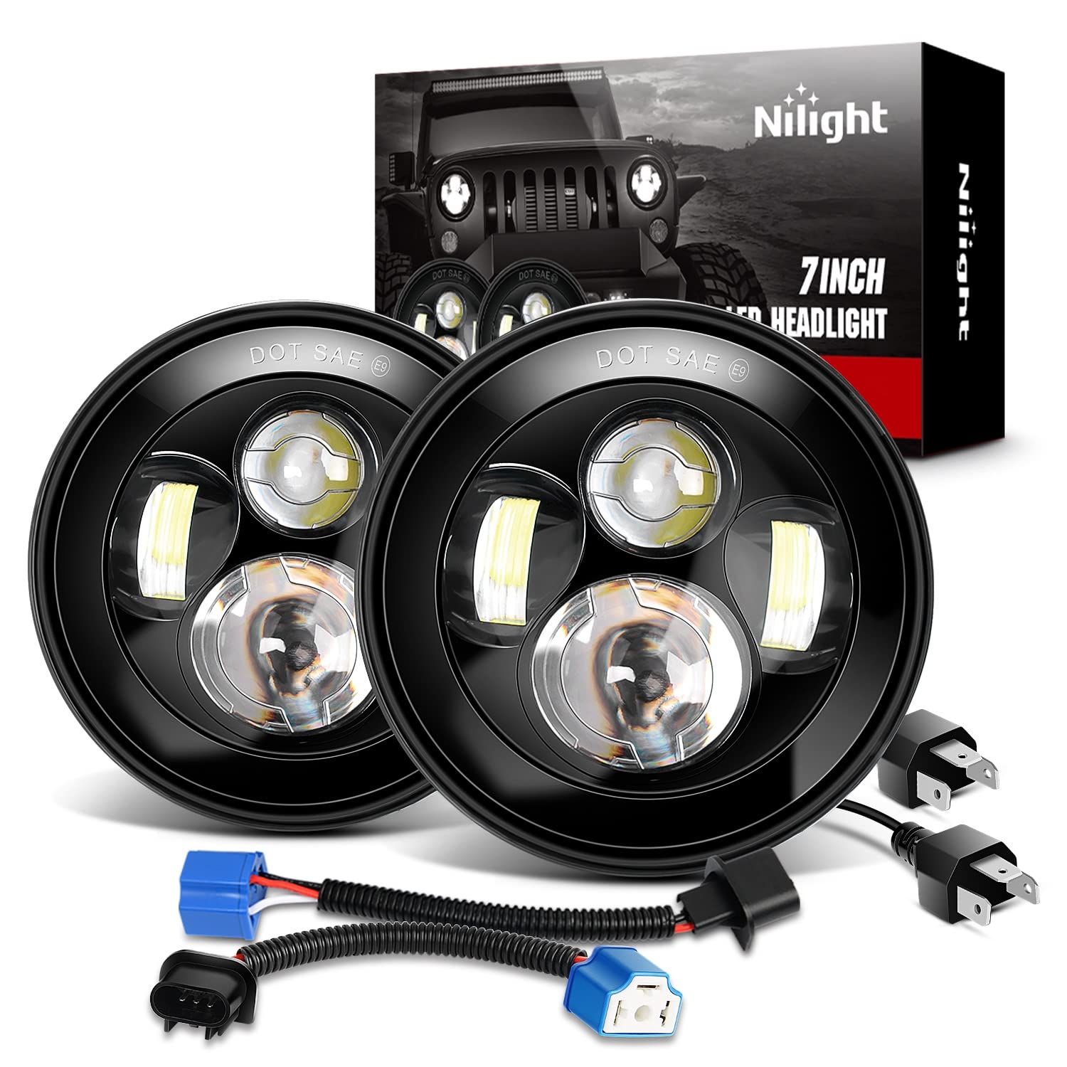 Nilight 2Pcs 7 Inch Round Cree Headlight High Low Beam For Wrangler Jk Tj Cj 1997-2017 Rubicon Sahara Hummber H1 H2 Motorbikes,