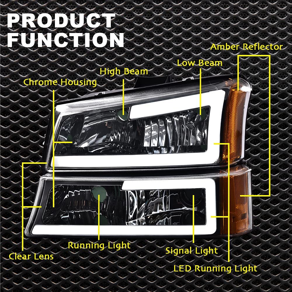 G-Plus Led Drl Front Headlights, Compatible With 2003-2006 Chevy Silverado Avalanche 1500 2500 3500 Bumper Headlamp, Clear Lens