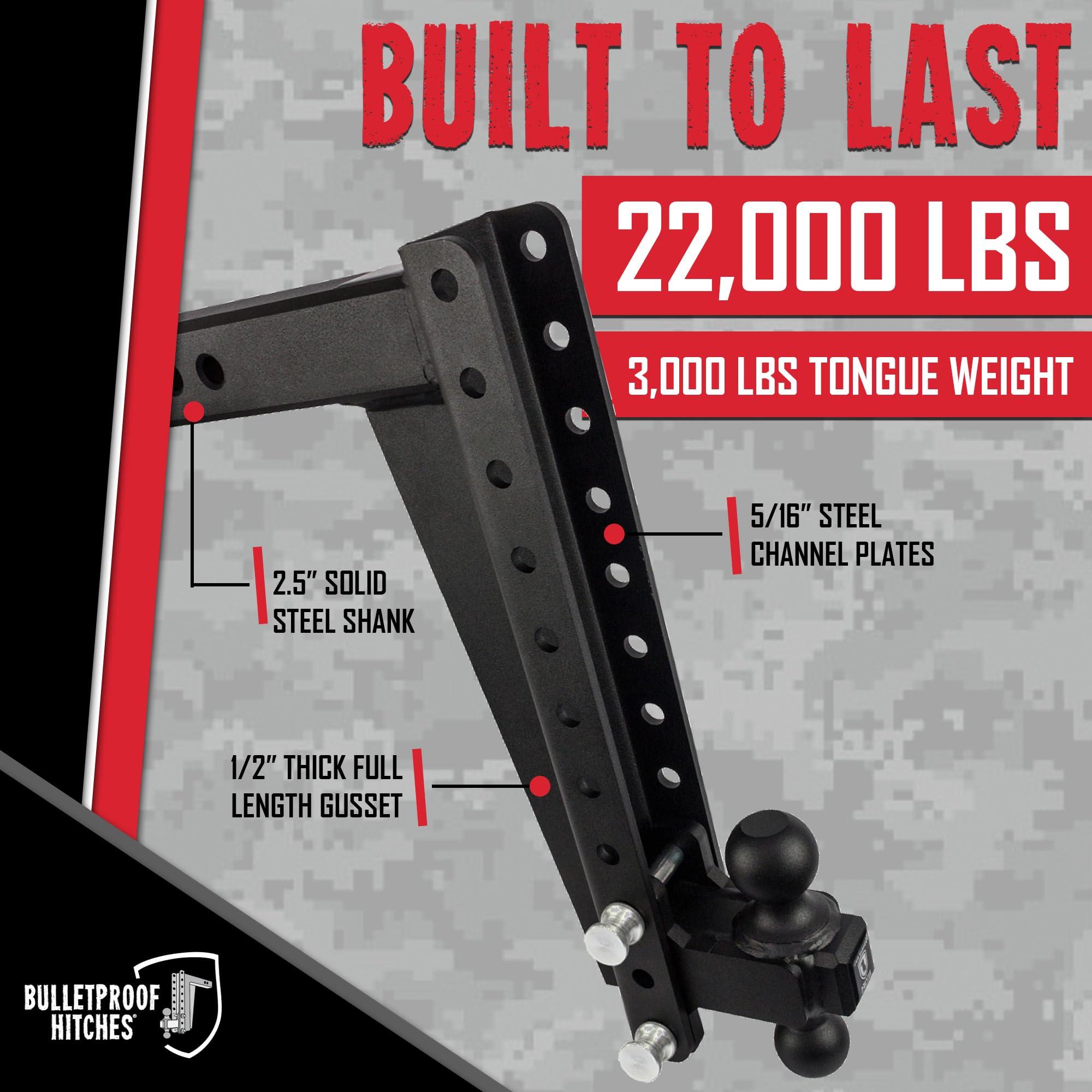 BulletProof Hitches 2.5" Adjustable Heavy Duty Trailer Hitch 22,000 lb Rating, 16" Drop/Rise, Black, Model HD2516
