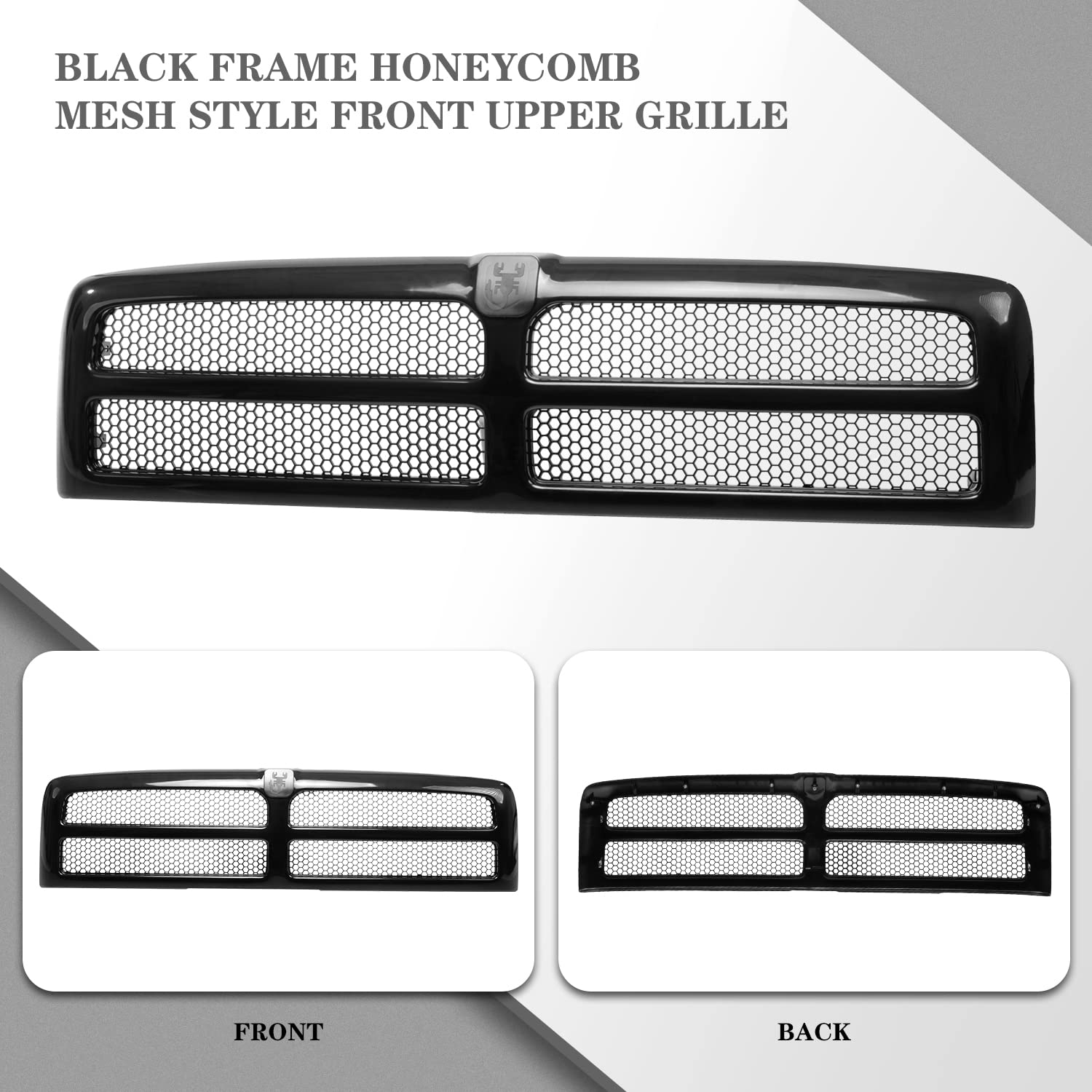 Carpartsdepot Black Frame Honeycomb Mesh Style Front Upper Grille Grill Fit For 1994-2002 Dodge Ram 1500 2500 3500 Pickup Truck,