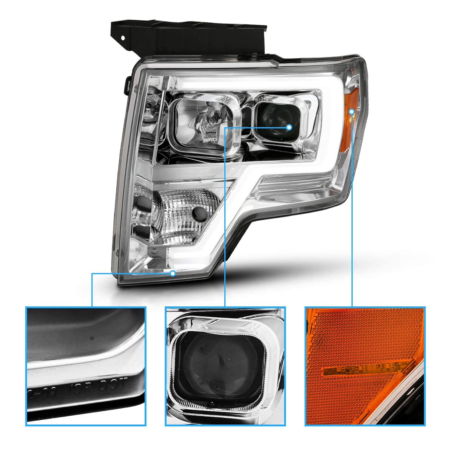 Amerilite For 2009-2014 Ford F150 Truck Led Bar Square Projector Chrome Replacement Headlights Set W/Halogen Bulb Socket - Drive