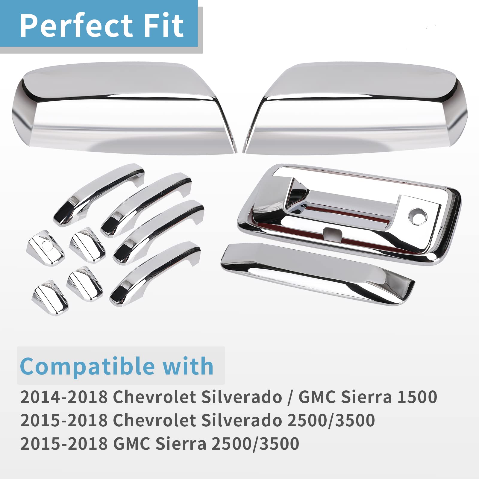 Tutor Auto Chrome Door Handles & Mirror Covers for Chevrolet Silverado/GMC Sierra 1500 2500 3500 (2014-2018) - Tailgate Cover with Camera Hole