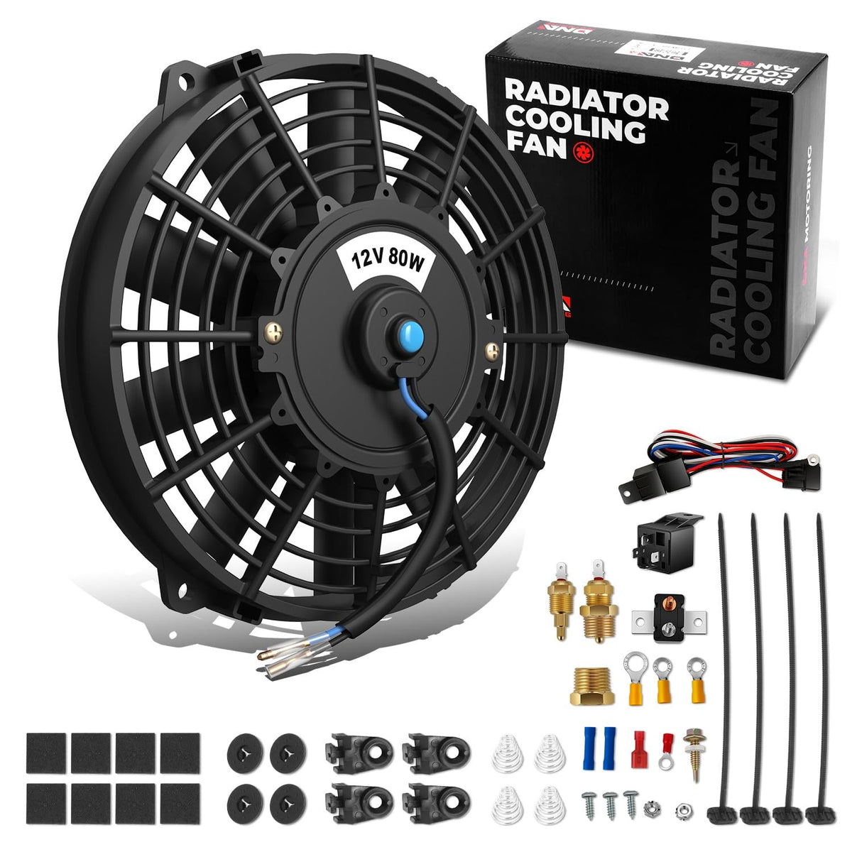 Dna Motoring 9Inch Electric Radiator Cooling Fan Thermostat Wiring Switch Relay Kit, Universal High Performance Slim Fan Push Pu
