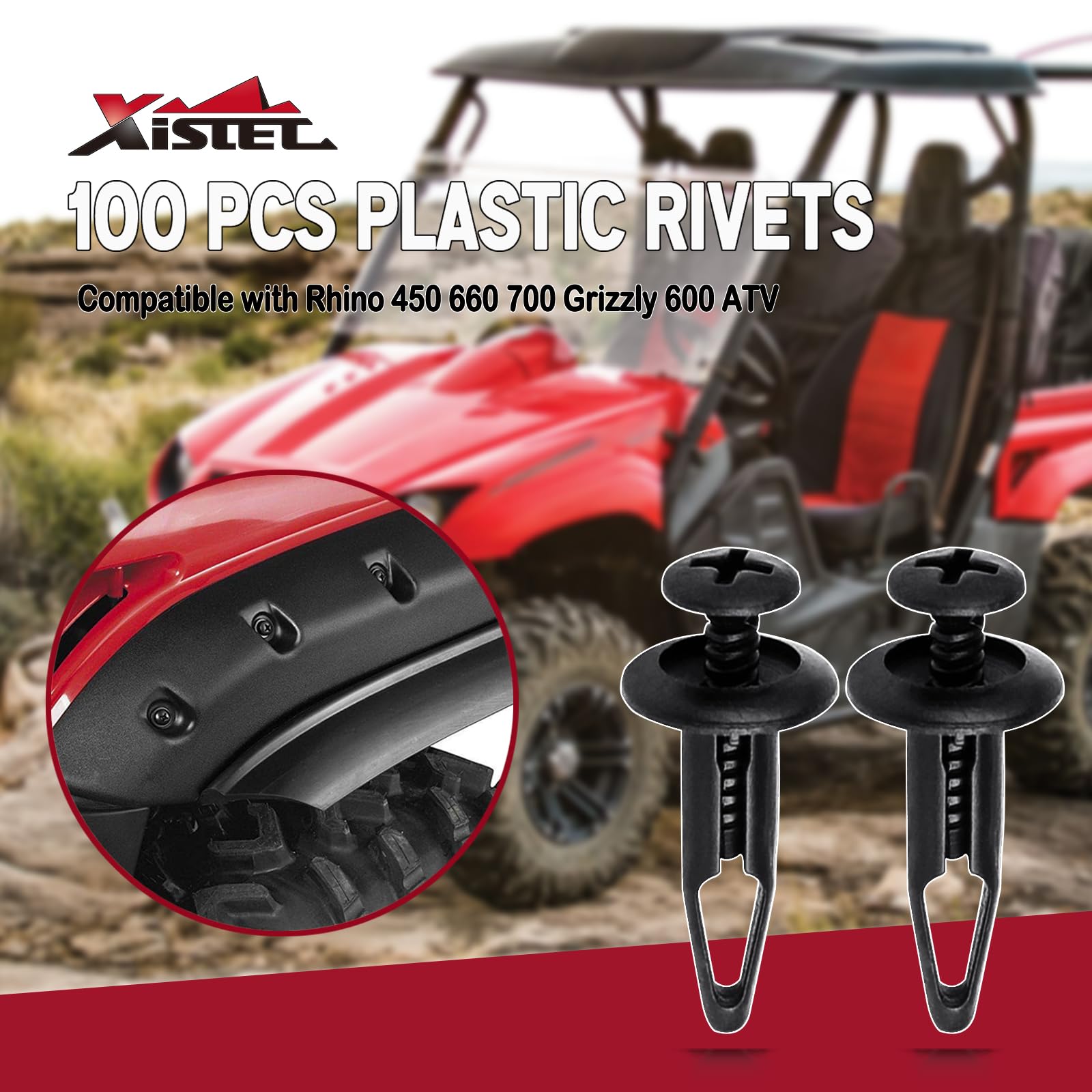 Xislet 100 Pcs Plastic Rivets Compatible with Rhino 450 660 700 Grizzly 600 ATV Body Fender Hood Fuel Tank Panel Push Fastener R