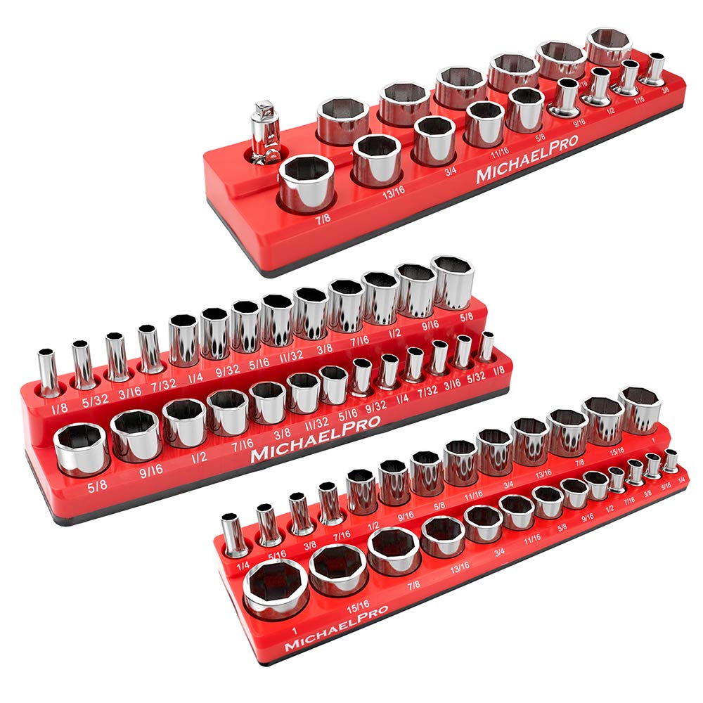 MichaelPro MP014003 3-Pc Magnetic Socket Organizer- 1/4-inch, 3/8-Inch & 1/2-Inch Drive Magnetic Socket Holder Kit in SAE, Profe