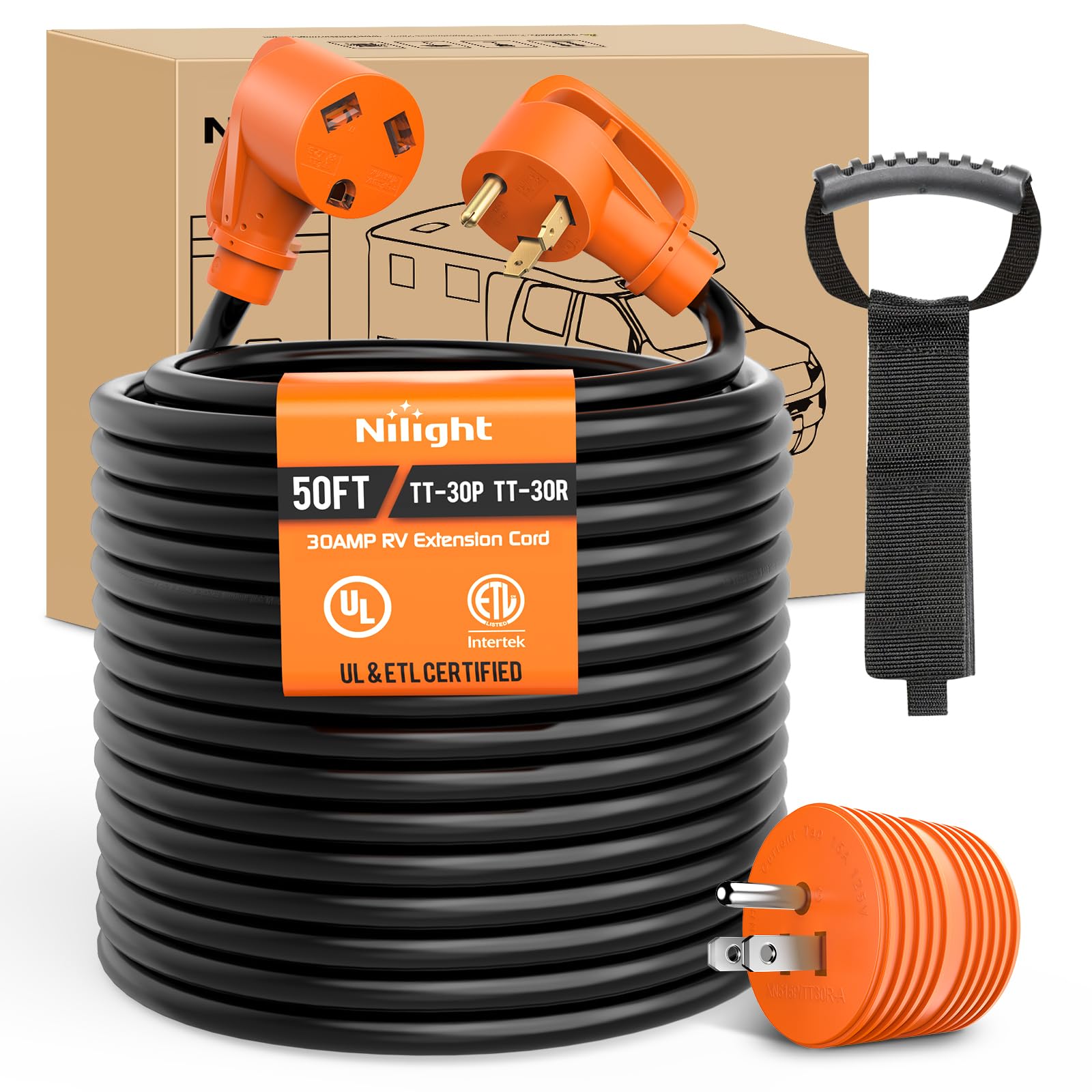 Nilight 50Ft 30 Amp Rv Extension Cord With Adapter 15Amp To 30Amp 125V Heavy Duty 10/3 Gauge Pure Copper Stw Wire Ul Etl Listed