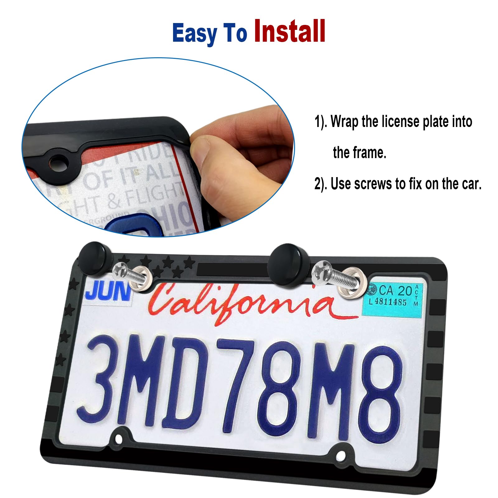 Silicone American Flag License Plate Frames- Rustproof Patriotic Gloss Usa Stars And Stripes Flag Black Car Tag Holder Cover, 2
