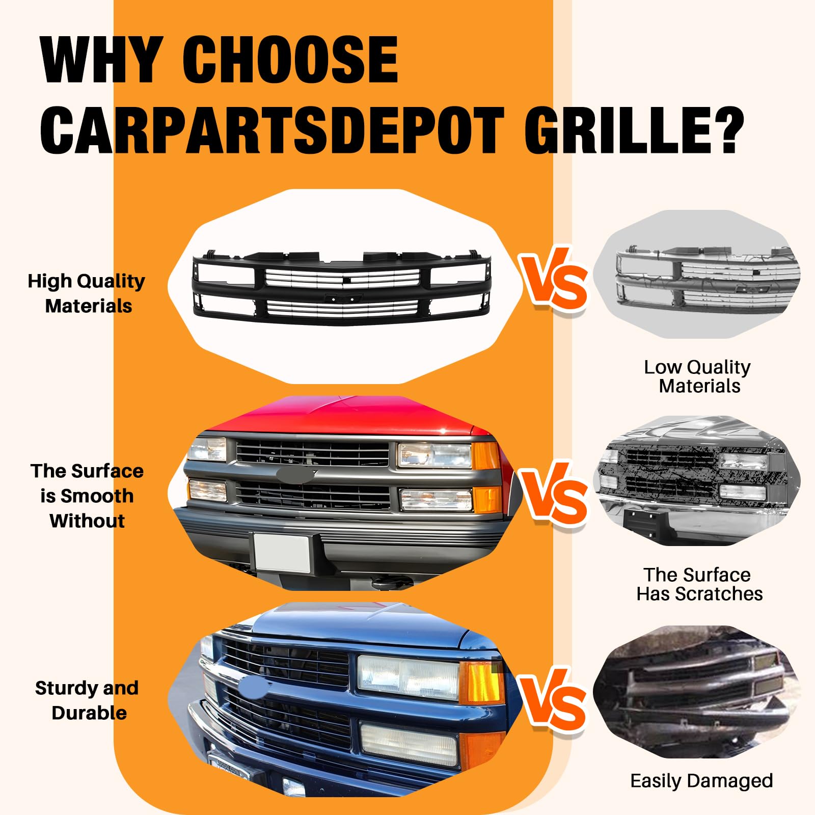 Carpartsdepot Front Grille Grill Black Shell With Insert Compatible With Chevrolet 1994-2000 C/K 1500 2500 3500 Tahoe Blazer For