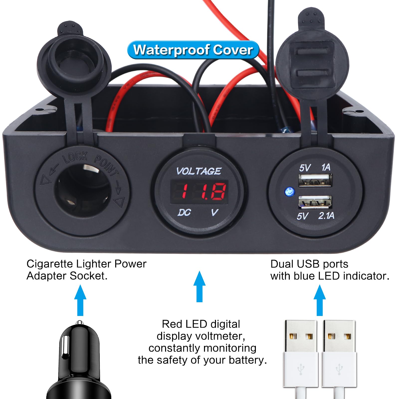 Iztor 12/24V Multifunctional 3-Hole Tent Panel Modification Socket Cigarette Lighter Socket+Usb Car Charger And Red Digital Voltmeter Combination For Cars Boats And Rvs