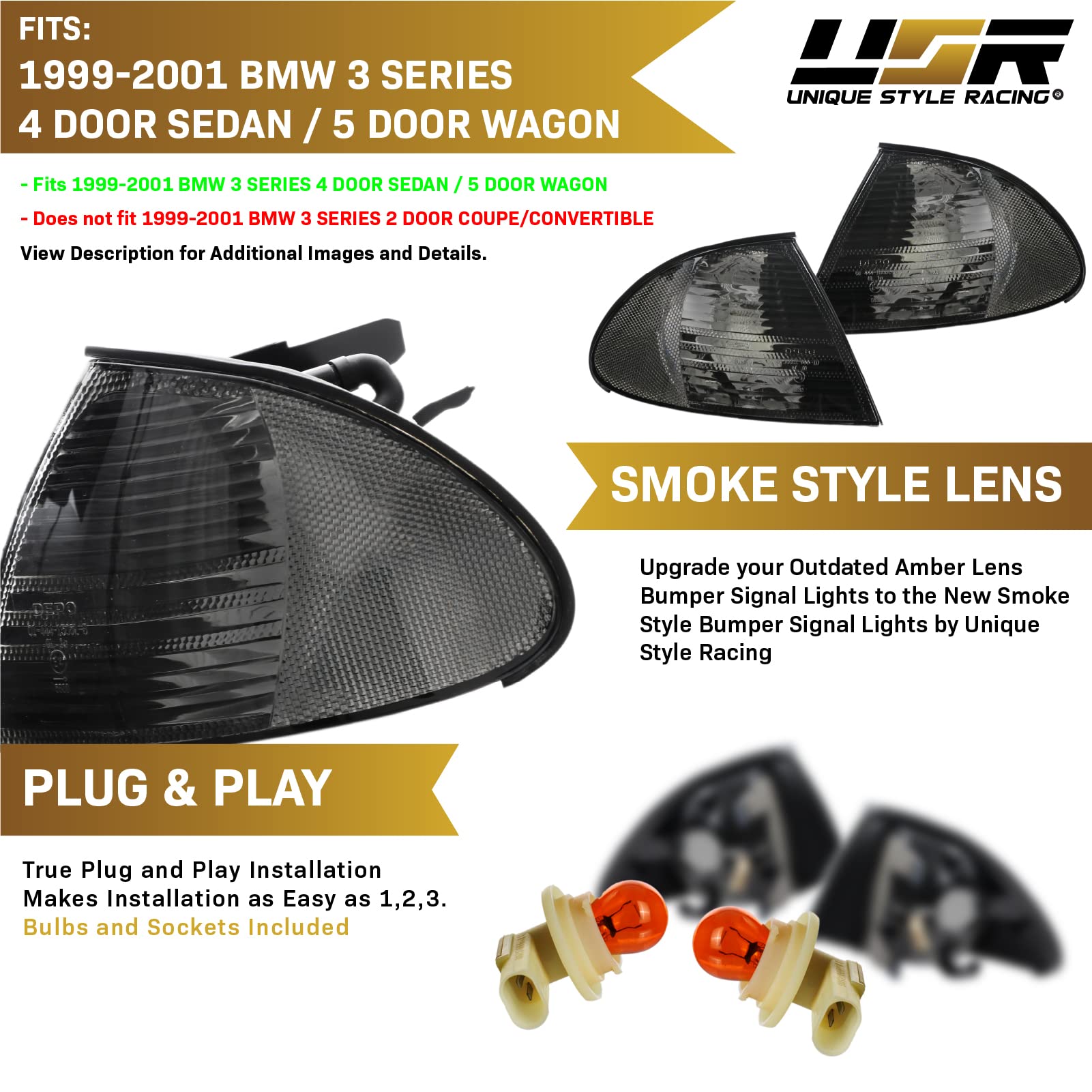 DEPO 99-01 E46 4D Cornering Lights - OE Euro Smoke Corner Turn Signal Lamps Set (Left + Right) Compatible with 1999-2001 BMW E46