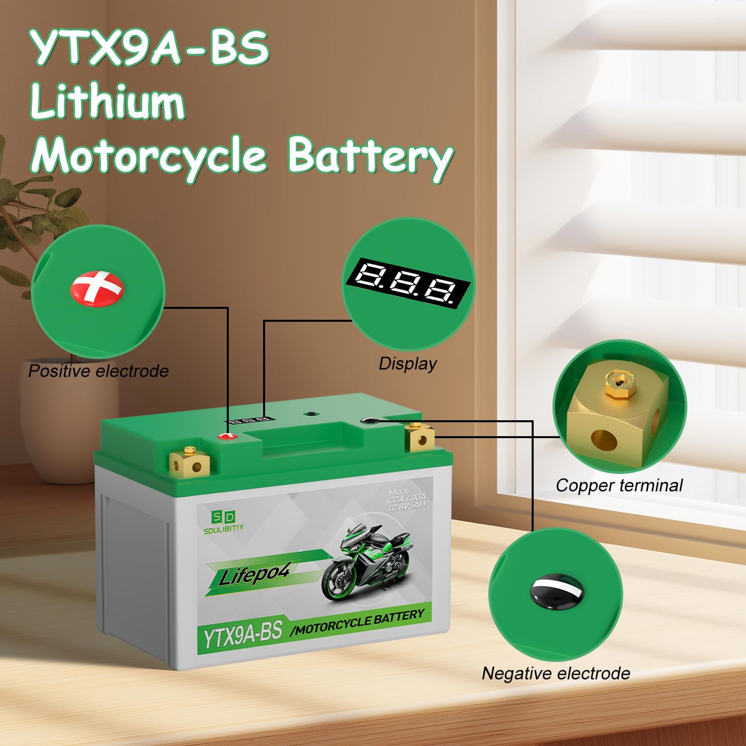 Lithium Motorcycle Battery, YTX9A-BS 12V5AH High Performance Power Sports, Compatible ATV, UTV, PWC, Seadoo, Polaris and Generat
