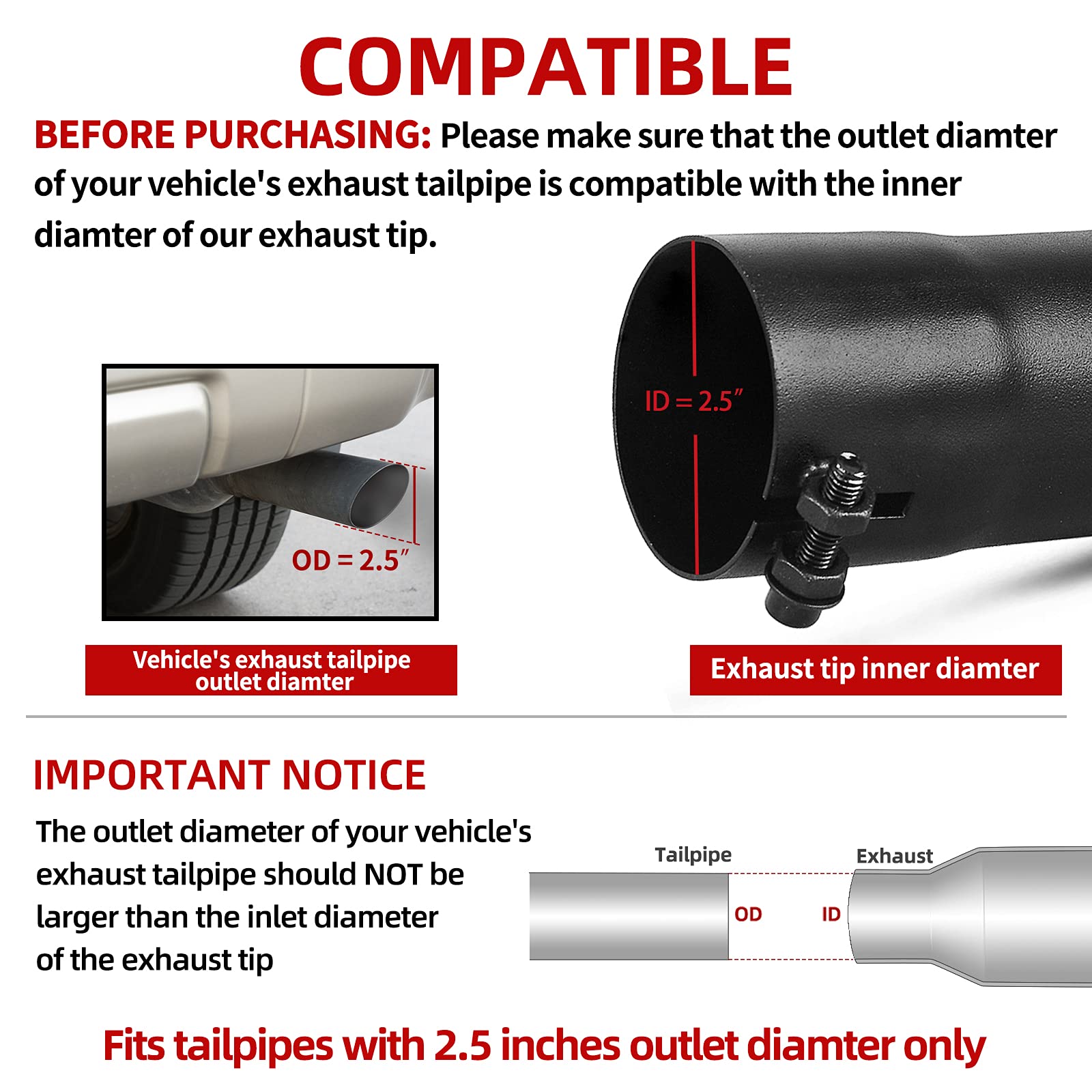 Autosaver88 2.5 Inch Inlet Black Exhaust Tip, 2.5'' Inlet 2.5'' Outlet 9'' Overall Length Stainless Steel Turn Down Exhaust Tips