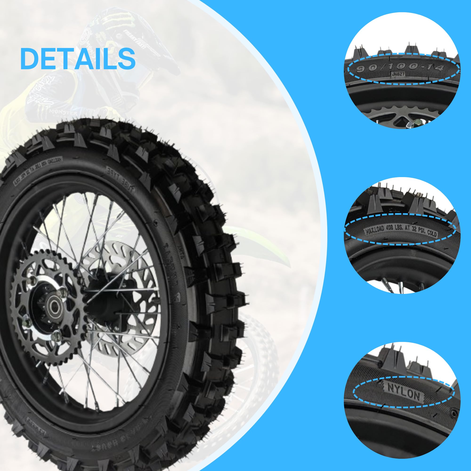14'' Rear Wheel Rim Tire Assembly For Dirt Pit Bike Trail 90/100-14 Rear Wheel Rim Tire Fits 125/140/150/160cc Pit Dirt Bike KLX