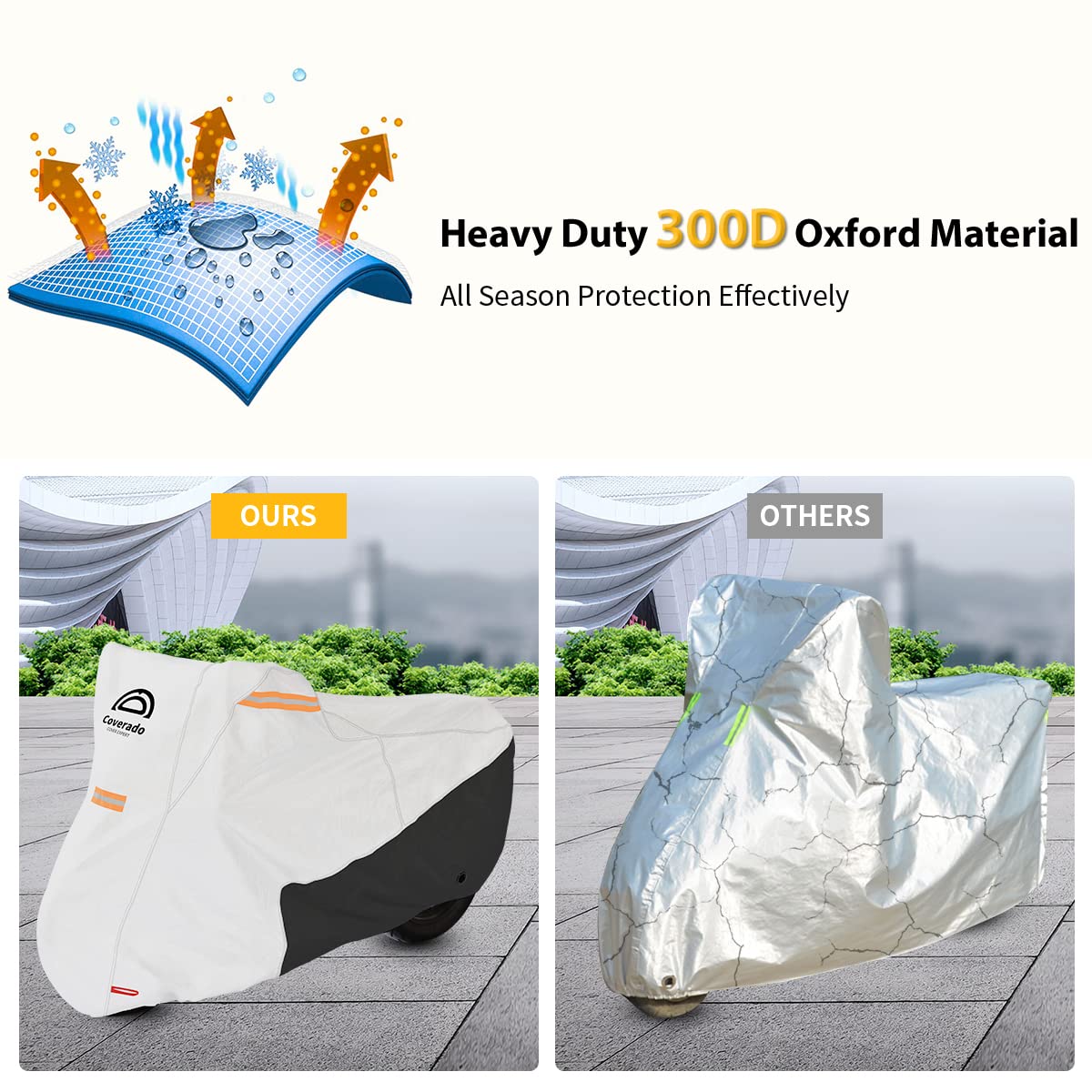 Coverado Motorcycle Cover Waterproof, All Weather Protection Outdoor Full Motorcycle Covers - Uv Proof With Flame Retardant Fabr