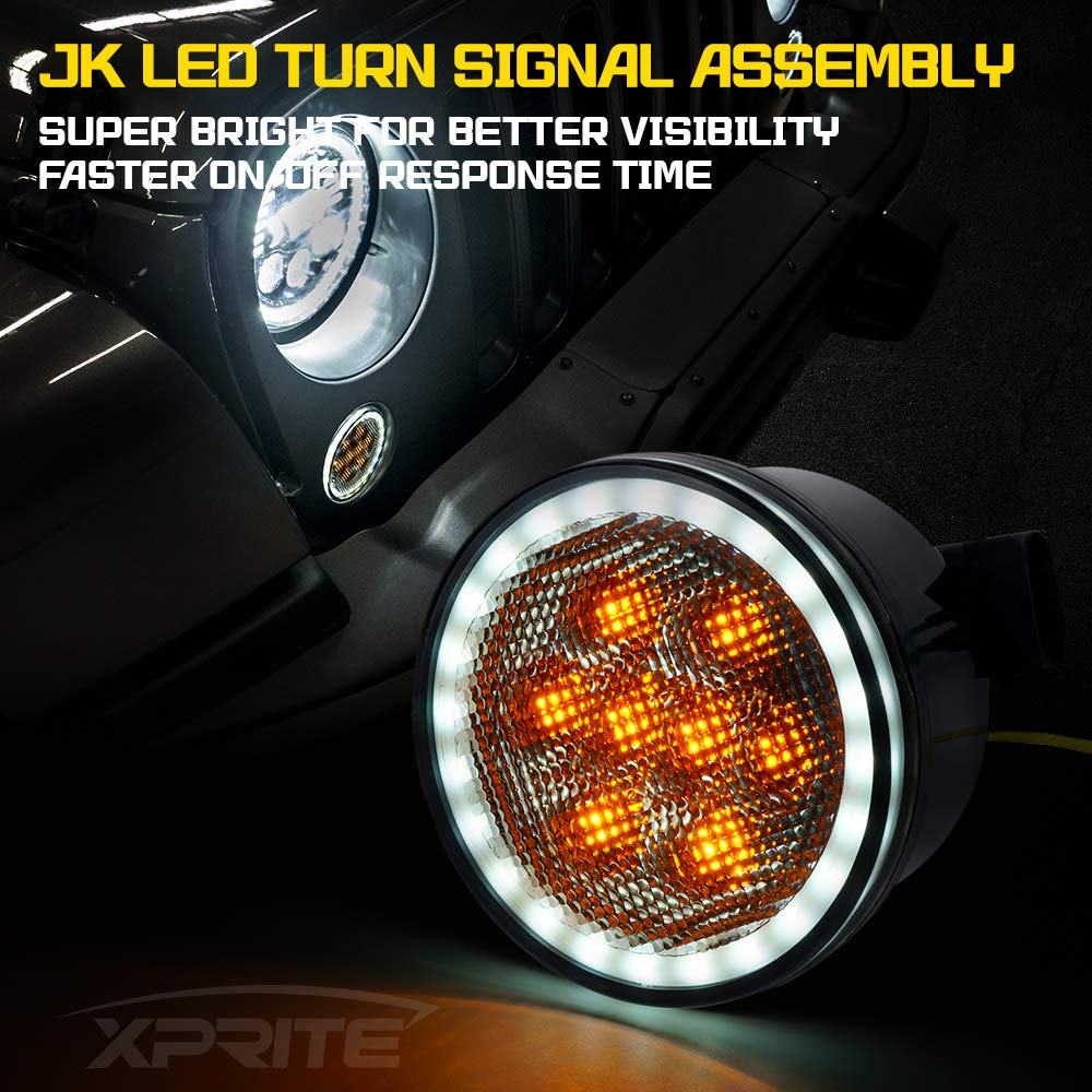 Xprite Smoked Lens Turn Signals Lights With Drl Halo, Led Front Grill Indicator Parking Lights Compatible With 2007-2018 Jeep Wr