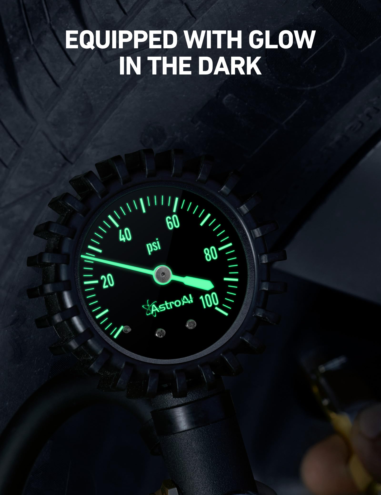 AstroAI Glow Dial Tire Inflator with Pressure Gauge 100 PSI, Heavy Duty with Large 2' Easy Read Glow Dial, Air Chuck, Quick Connect Coupler and Rubber Hose Compressor Accessories, Gifts for Men.