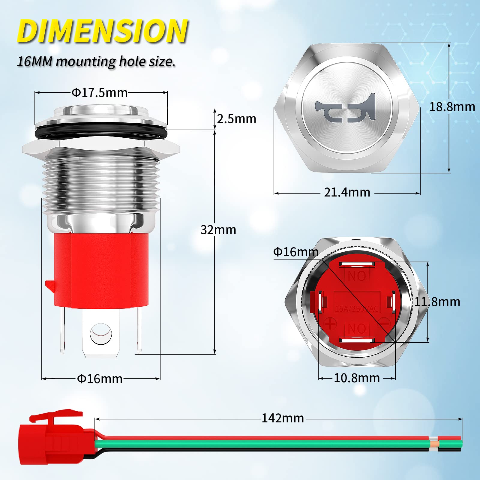 Joinfworld Horn Button 12V 20A Heavy Duty 16Mm Metal Horn Switch Speaker Blue Led Illumianted Stainless Steel Momentary Push Button Switch For Marine Boat Auto Air Train