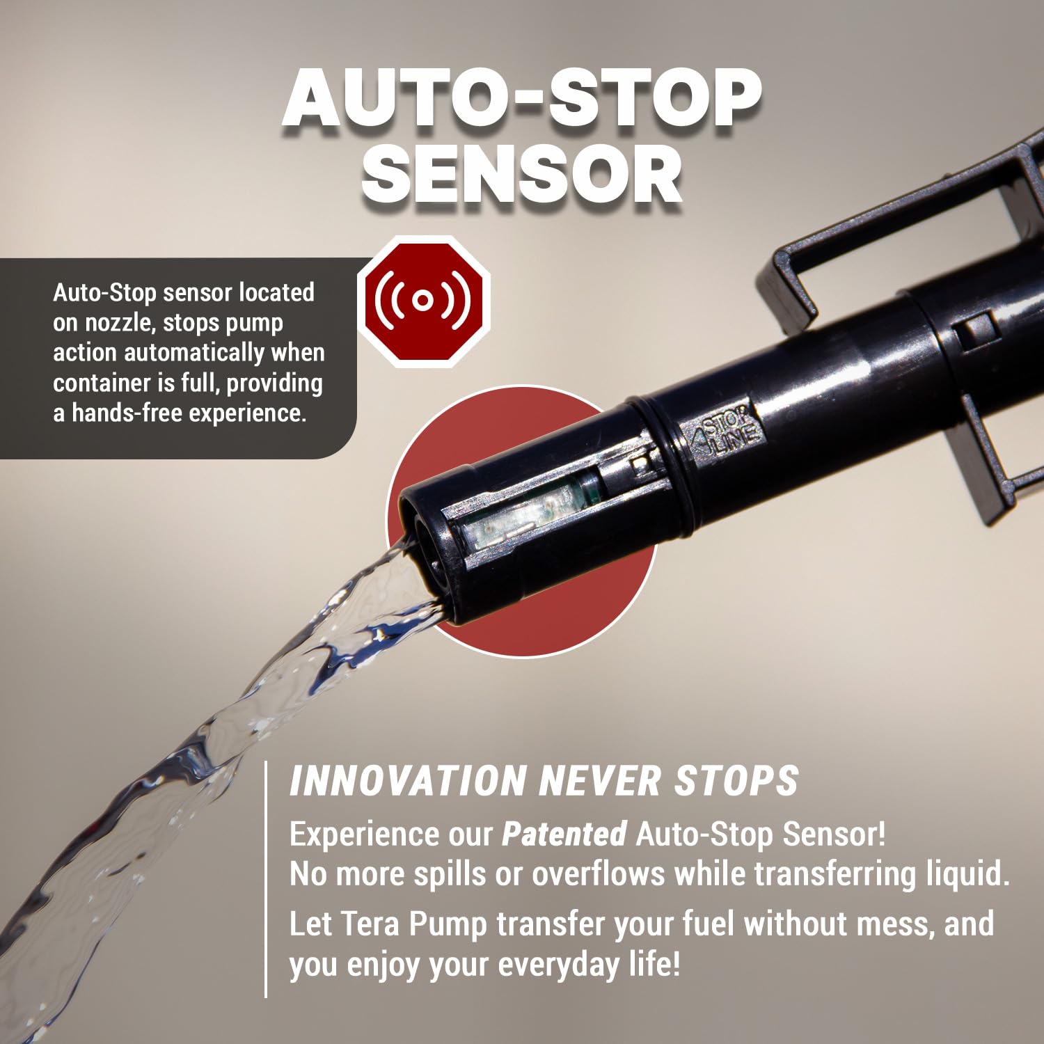 TERA PUMP Battery Powered On/Off Switch Fuel Transfer Pump for Gas and Diesel with 51.2 Strong Vinyl Hose, Auto-Stop Sensor No