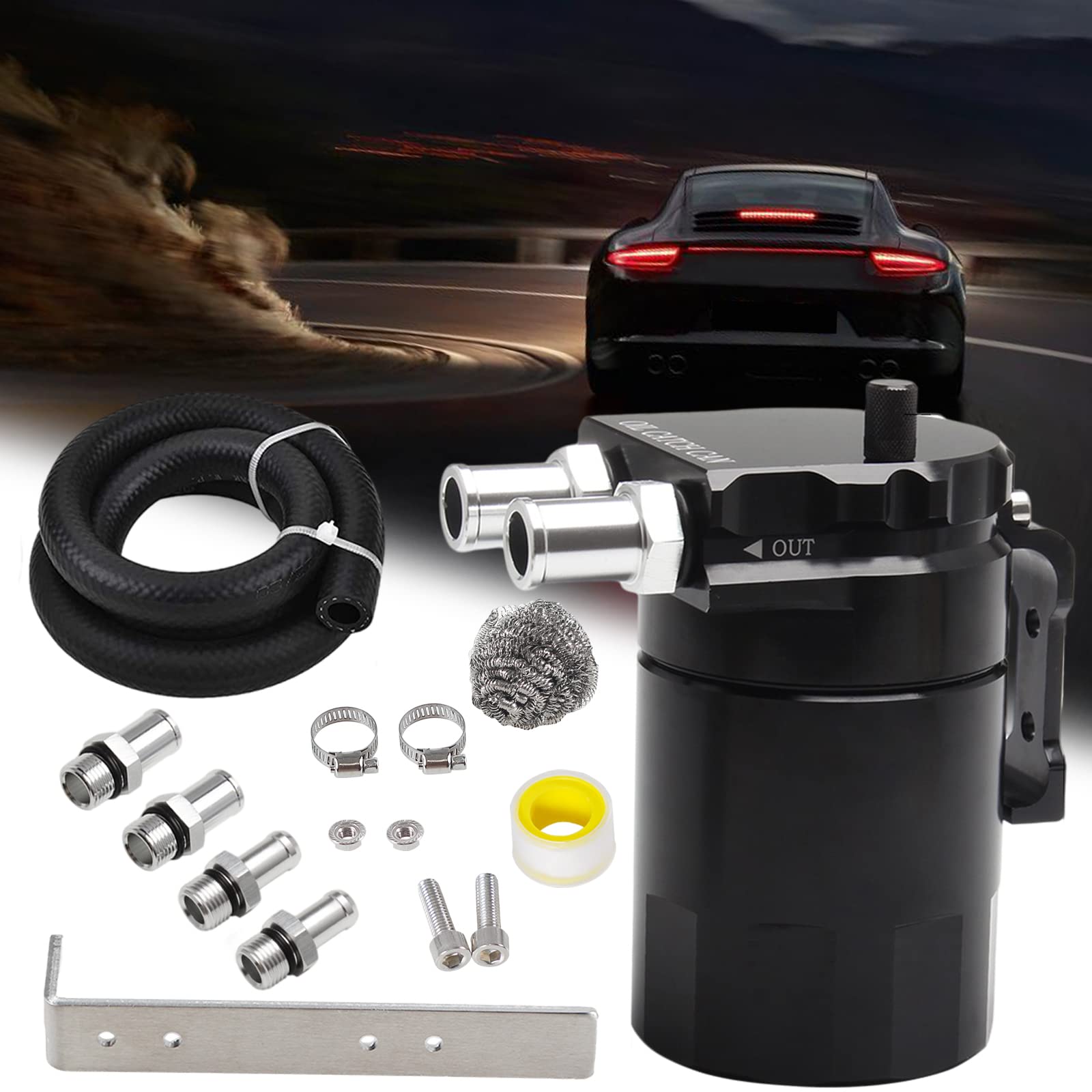 PWR FEVER Upgraded Baffled Oil Catch Can Kit Aluminum Reservoir Tank with 3/8'' Strengthened NBR Fuel Line Black 400ml