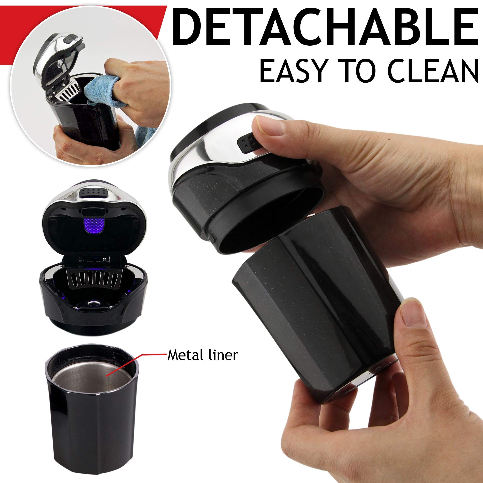 Takavu Car Ashtray (1-Pack), Easy Clean Up Detachable Stainless Car Ashtray With Lid Blue Led Light And Removable Lighter For Mo