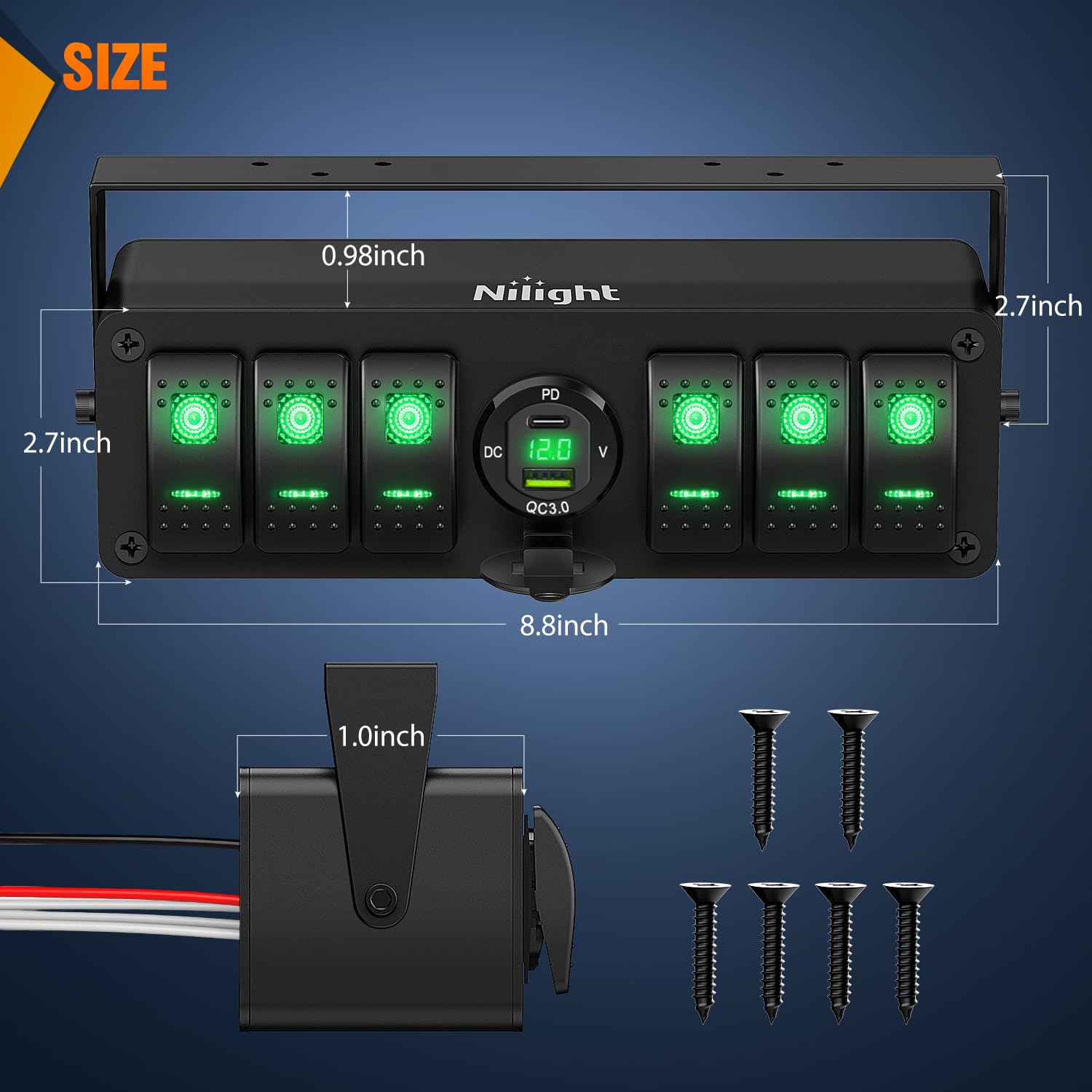 Nilight 6 Gang Rocker Switch Box 12V Spst On Off Toggle Switches Pd Type C And Qc 3.0 Usb Charger Voltmeter Led Light Waterproof