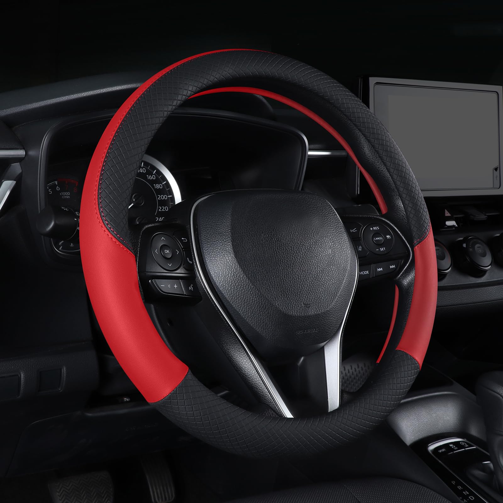 Follicomfy Auto Car Leather Steering Wheel Cover Anti Slip Wrap 15 '' (Red)