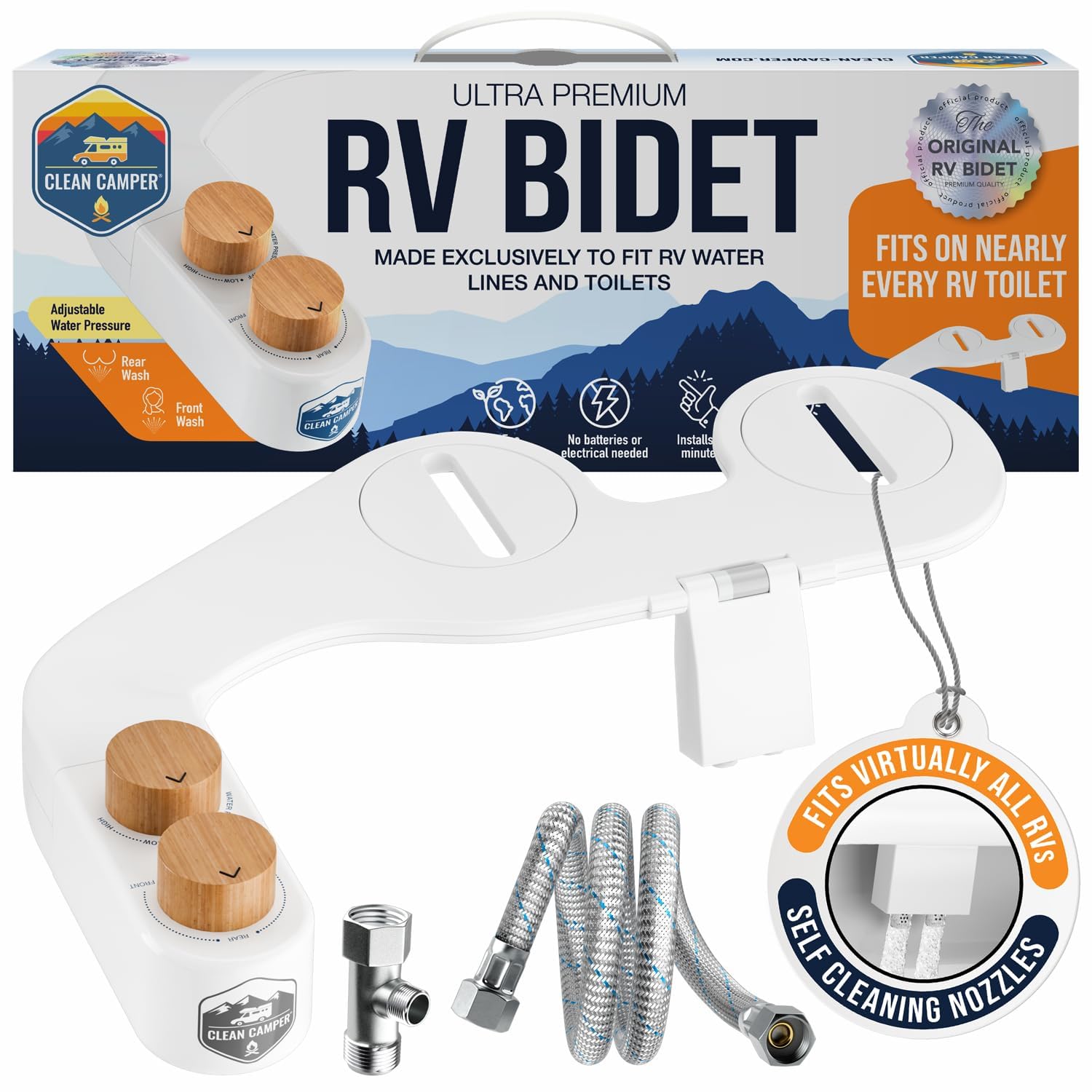 Clean Camper The Original Rv Bidet Self-Cleaning Dual Nozzles | Non-Electric, Reversible Design | Easy Installation, Rv Waterlin