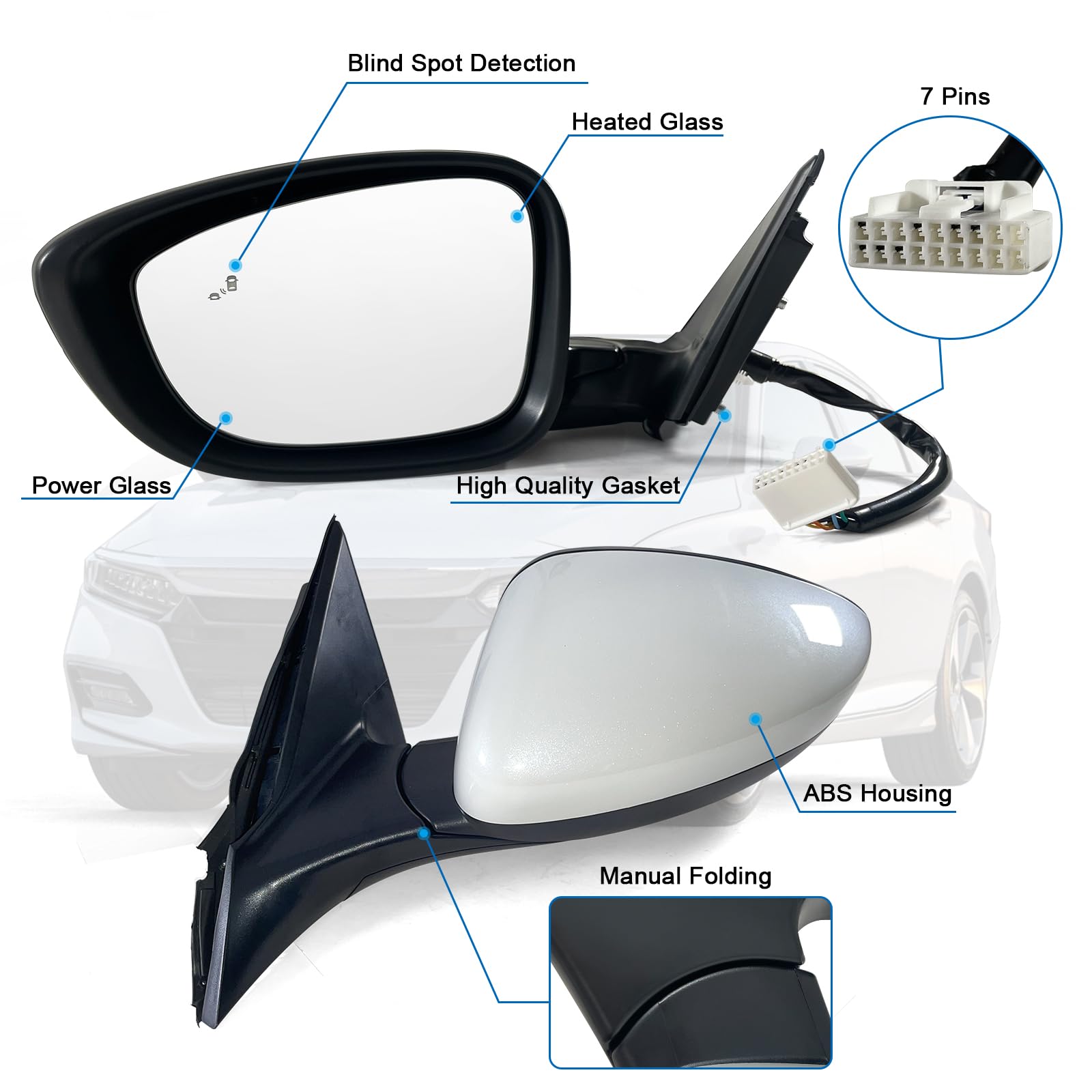 Lqito Left Driver Side Mirror Fits 2018-2022 Honda Accord Lx, Sport With Power Glass, Heated, Blind Spot Detection And Manual Fo