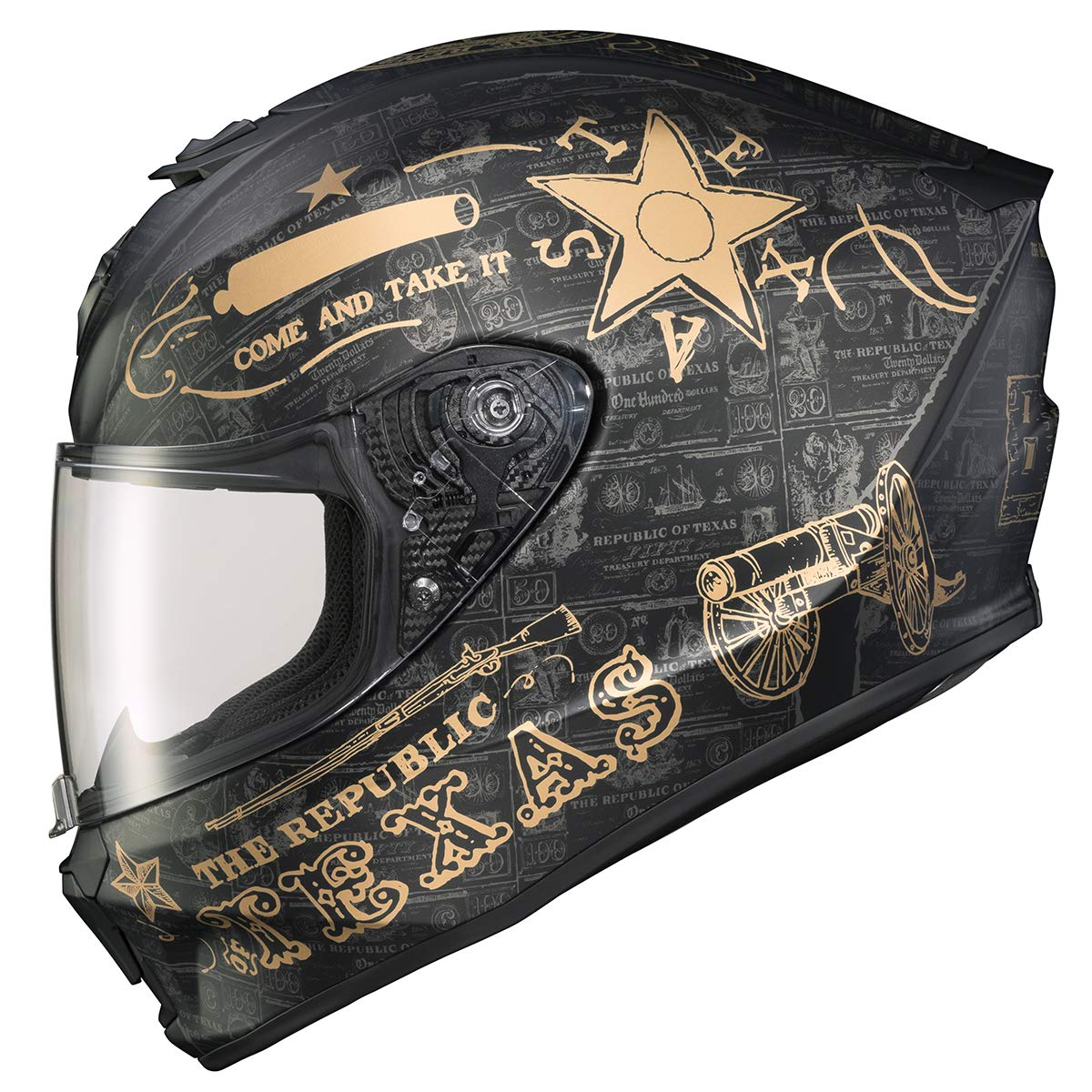 Scorpionexo R420 Full Face Motorcycle Helmet With Bluetooth Ready Speaker Pockets Dot Snell Lone Star (Black/Gold - Small)