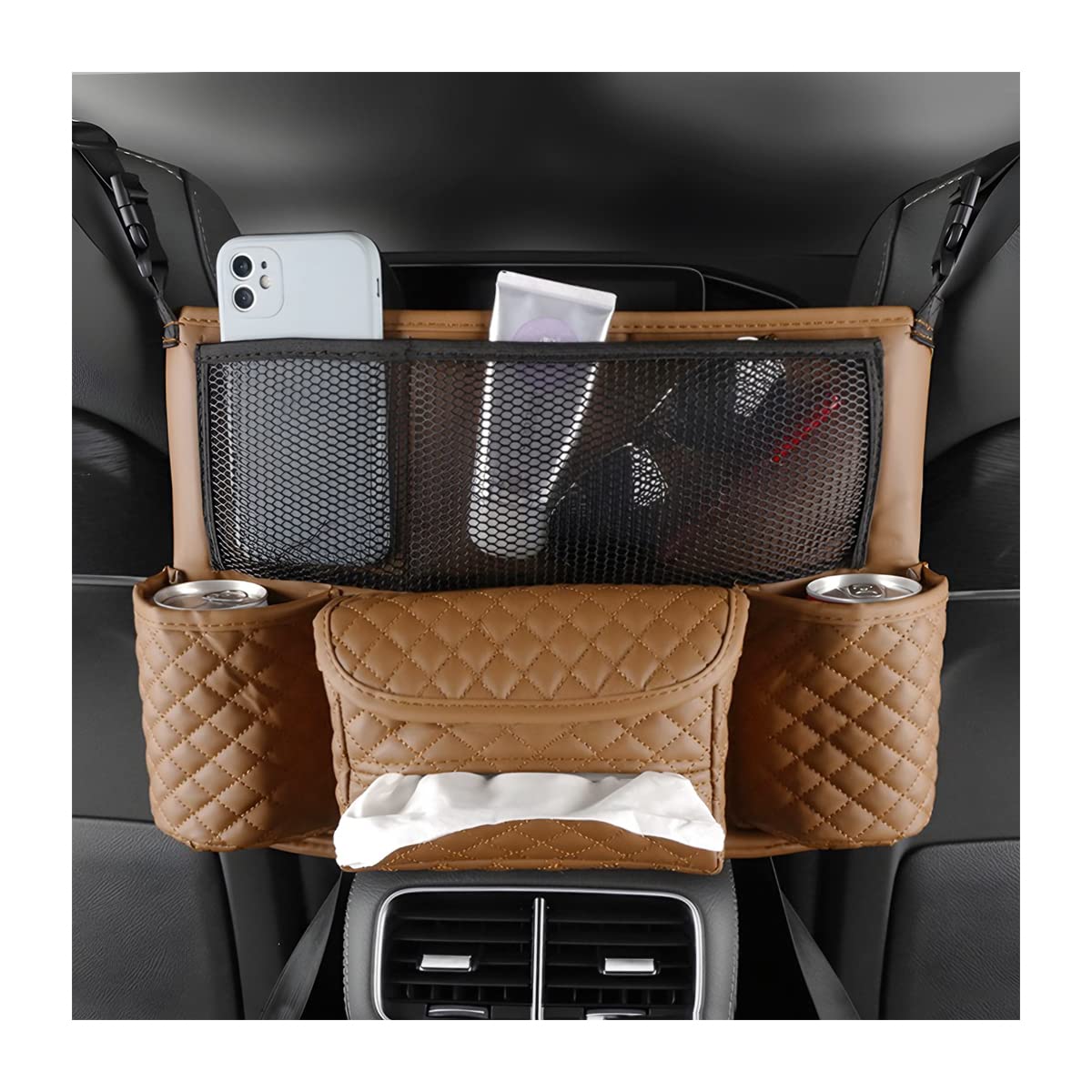 XINLIYA Car Handbag Holder Between Seats, PU Leather Multi-Pocket Large Capacity Purse Holder, Auto Net Bag Barrier of Backseat 