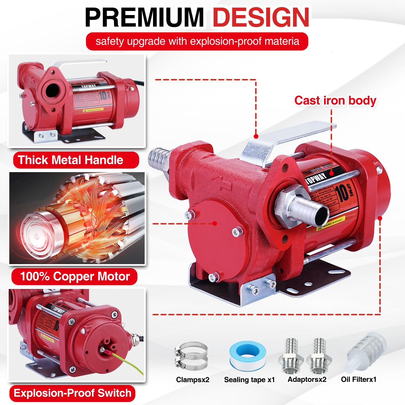 TOPWAY 12V DC Gasoline Fuel Pump - 10GPM Self-priming, Cast Iron, Overheat Protection, Model TOP07071, Explosion-Proof, Red