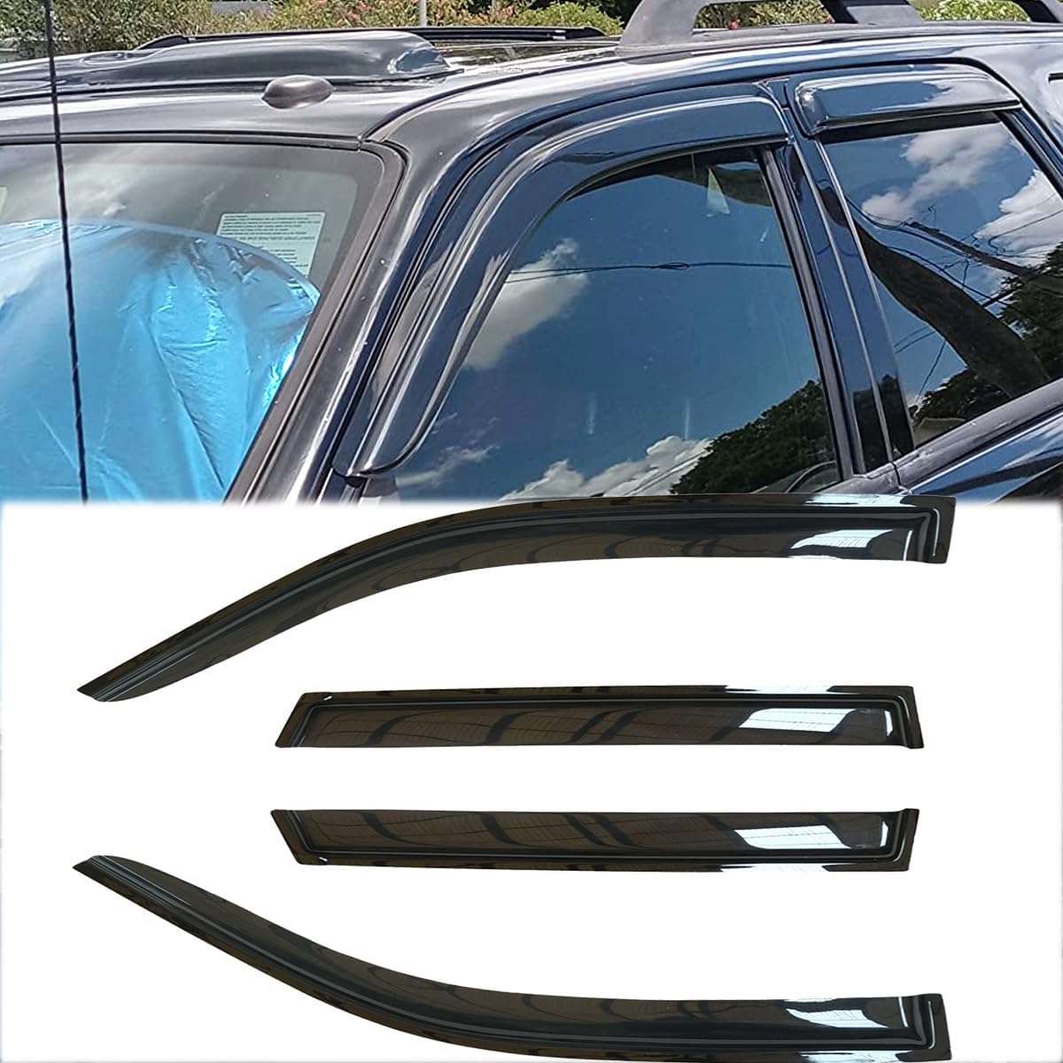 Deebior 4Pcs Shatterproof Outside Mount Style Sun Rain Guard Stylish Side Window Wind Deflectors Dark Smoke Vent Window Visors F
