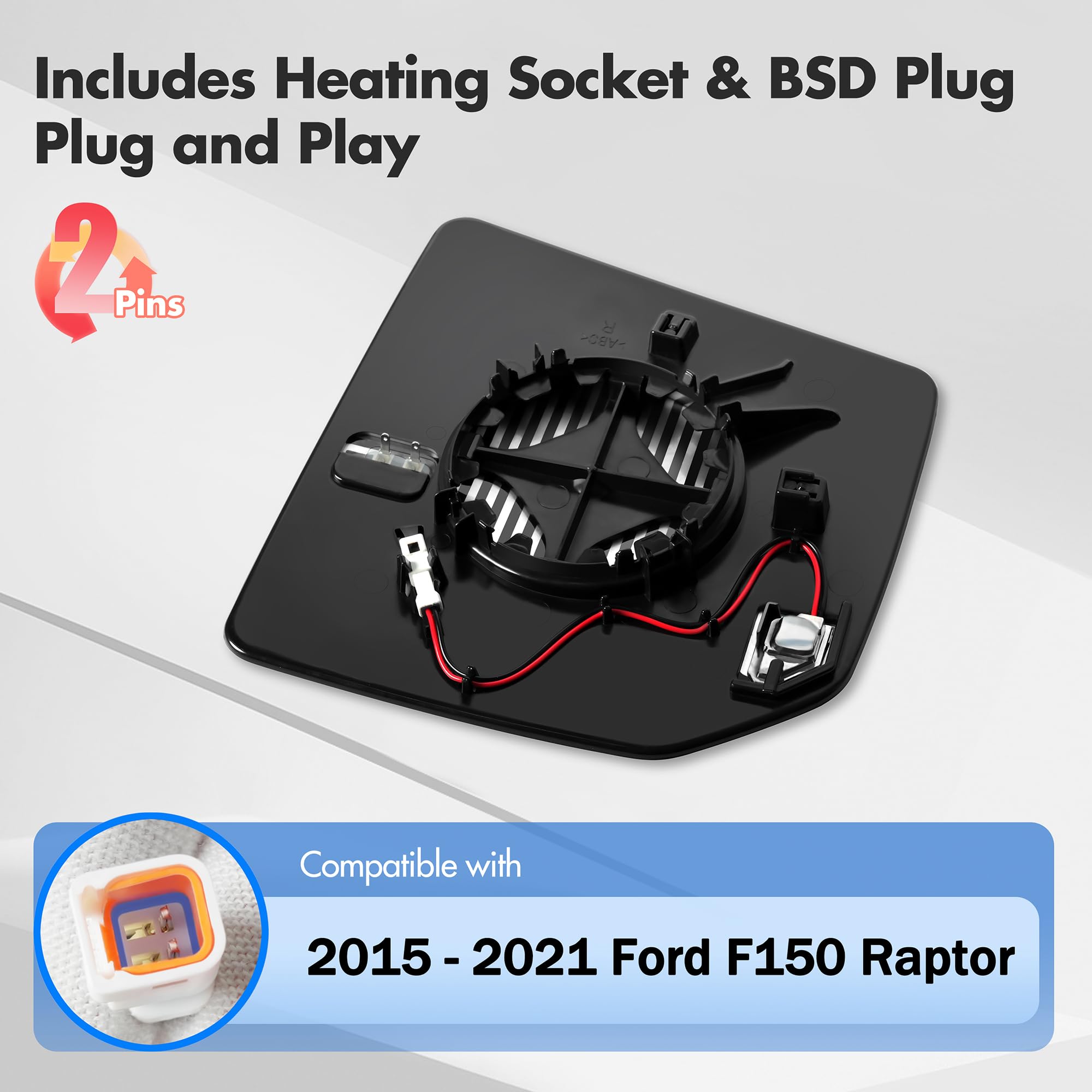 Snemeey Compatible With Ford F150 Passenger Side Mirror Glass 2015 2016 2017 2018 2019 2020 2021 - Right Side Ford F150 Raptor Mirror Replacement Glass, With Blind Spot Detection, Fl3Z-17K707-D