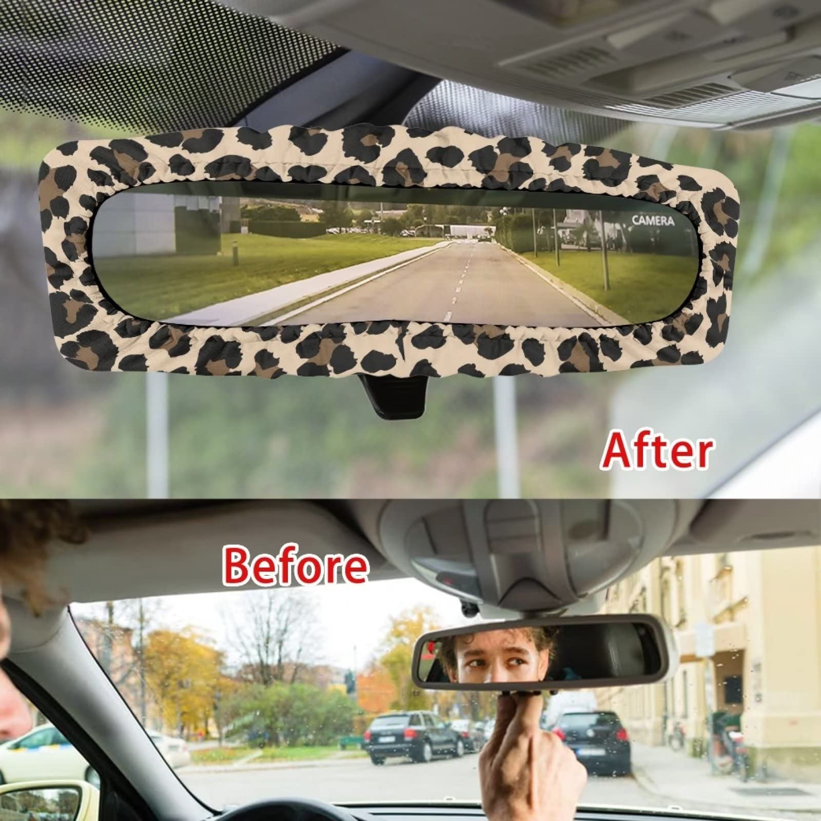 Huisefor Brown Leopard Car Stretchy Rearview Mirror Cover, Dustproof Auto Rear View Mirror Protector Car Interior Accessories Or