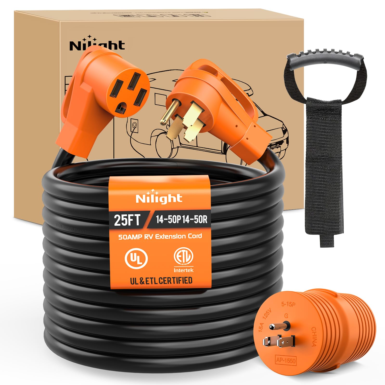 Nilight 25Ft 50 Amp Rv Extension Cord With Adapter 15Amp To 50Amp 250V Heavy Duty 6/3+8/1 Gauge Pure Copper Stw Wire Ul Etl List