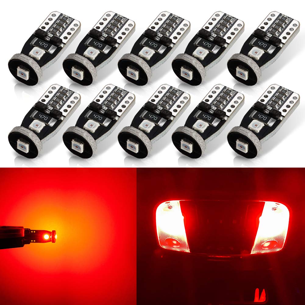 Autogine 10Pcs Error Free 194 168 175 2825 W5W T10 Led Bulbs Brilliant Red Super Bright 3030 Chipset For Interior Dome Map Door