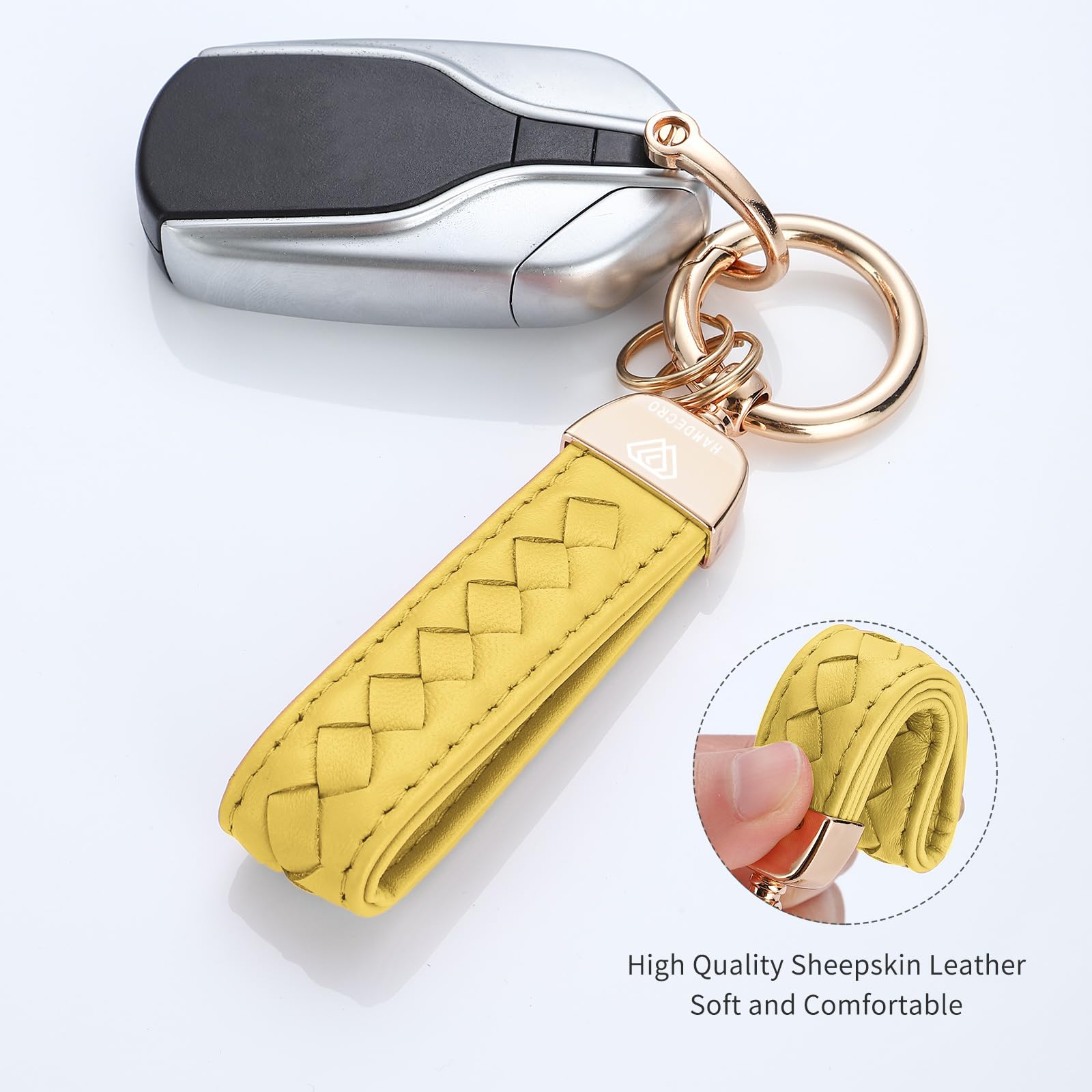 Genuine Leather Keychains, Handmade Knit Sheepskin Car Key Chains For Women, Universal Key Fob Holder With 360 Degree Rotatable,