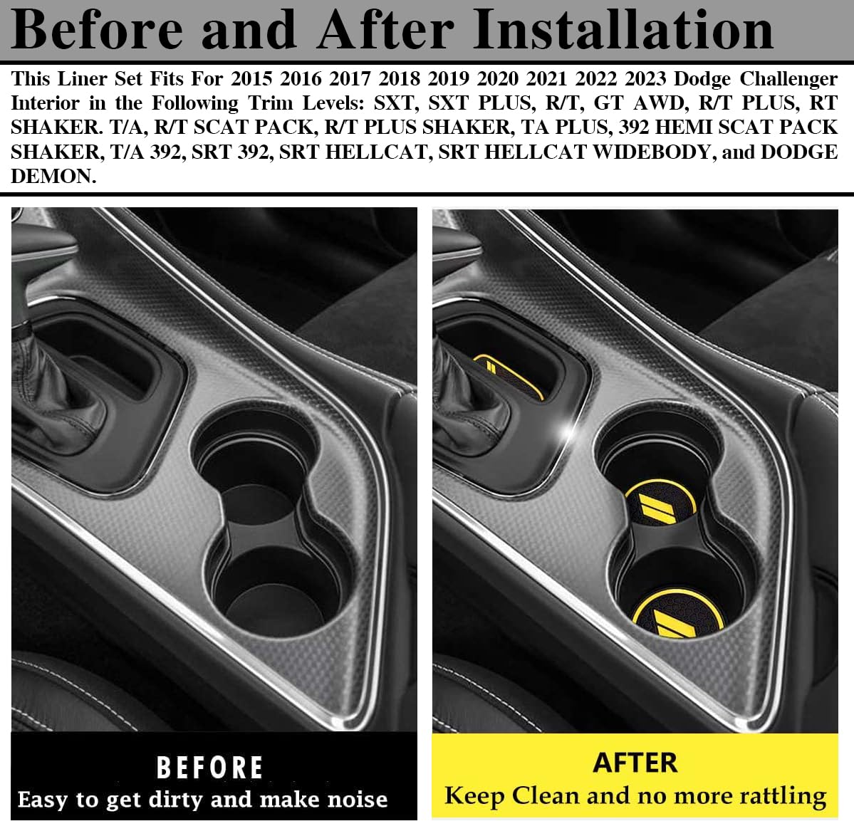 Auprite Anti Dust Mats For Challenger Accessories 2015-2021 2022, Custom Cup Holder Liners Mats Door Pocket Center Console Liners (Yellow/11Pcs)