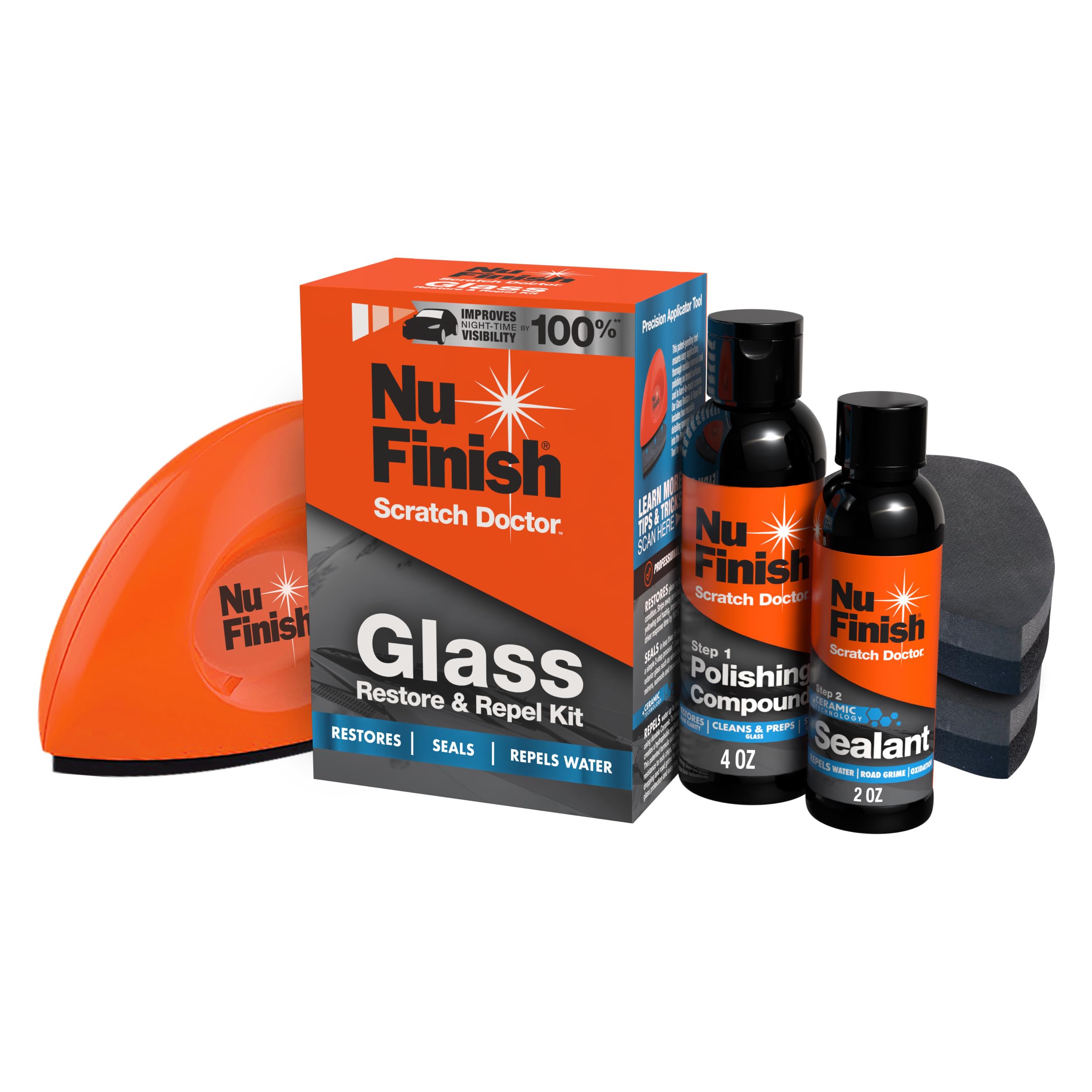 Nu Finish Glass Restore & Repel Kit, Two Step Regimen for Car Windshield, Includes Polishing Compound, Ceramic Sealant, Precisio